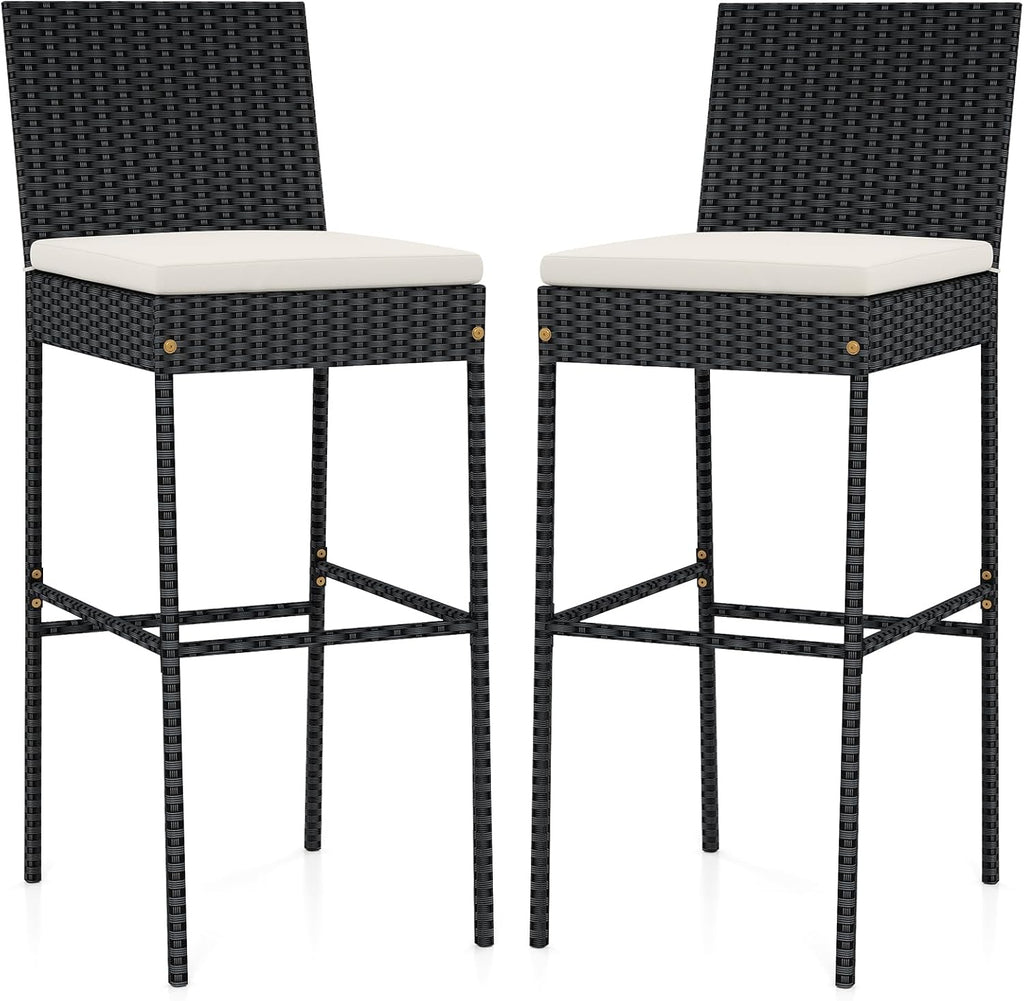 Tangkula Set of 2 Patio Wicker Barstools, Outdoor Bar Height Chair w/Soft Seat Cushion & Cozy Footrest, Heavy-Duty Metal Frame, 400 lbs Max Load, Mix Brown Rattan Bar Chair for Backyard, Balcony