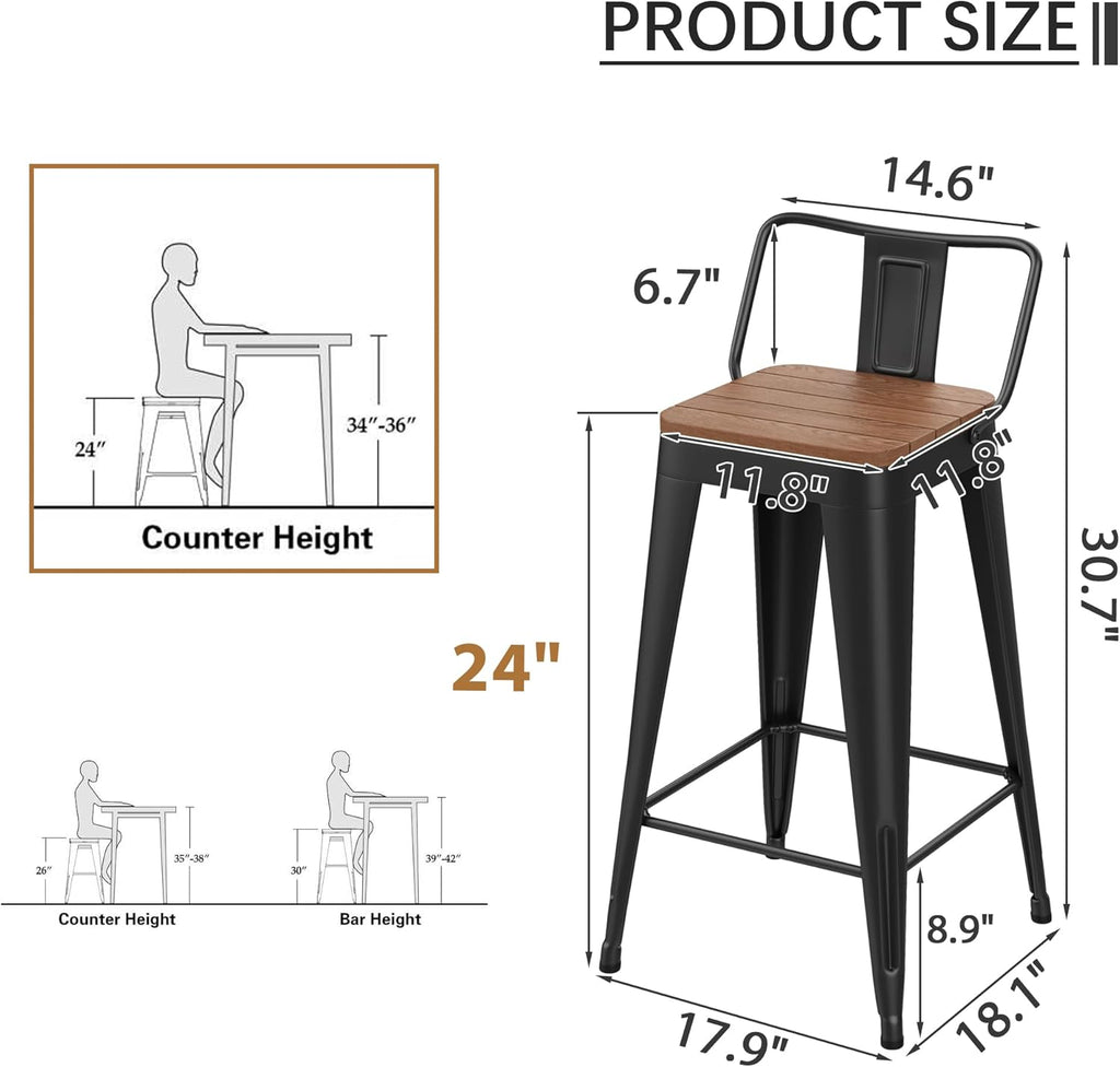 HAOBO Home 24" Outdoor Barstools Patio Stool Metal Bar Stools Set of 4 Counter Height Barstools with Wood Plastic Seat Industrial Bar Chairs Metal Kitchen Stools