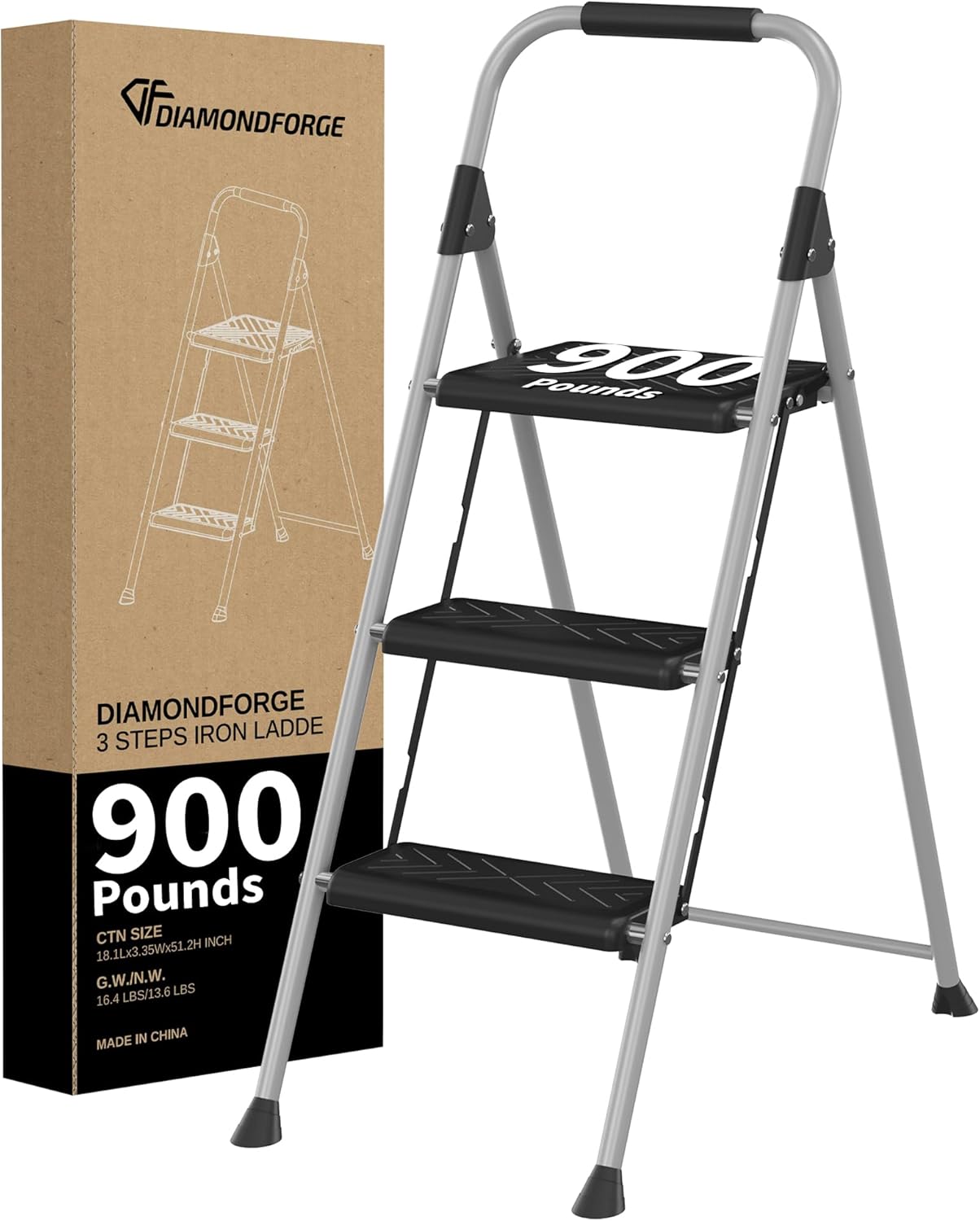 3 Step Ladder, Folding Step Stool with Tool Platform, Wide Anti-Slip Pedal and Anti-Slip Feet, Sturdiest Steel Construction, 600lbs Capacity Steel Ladder for Home Office, Grey