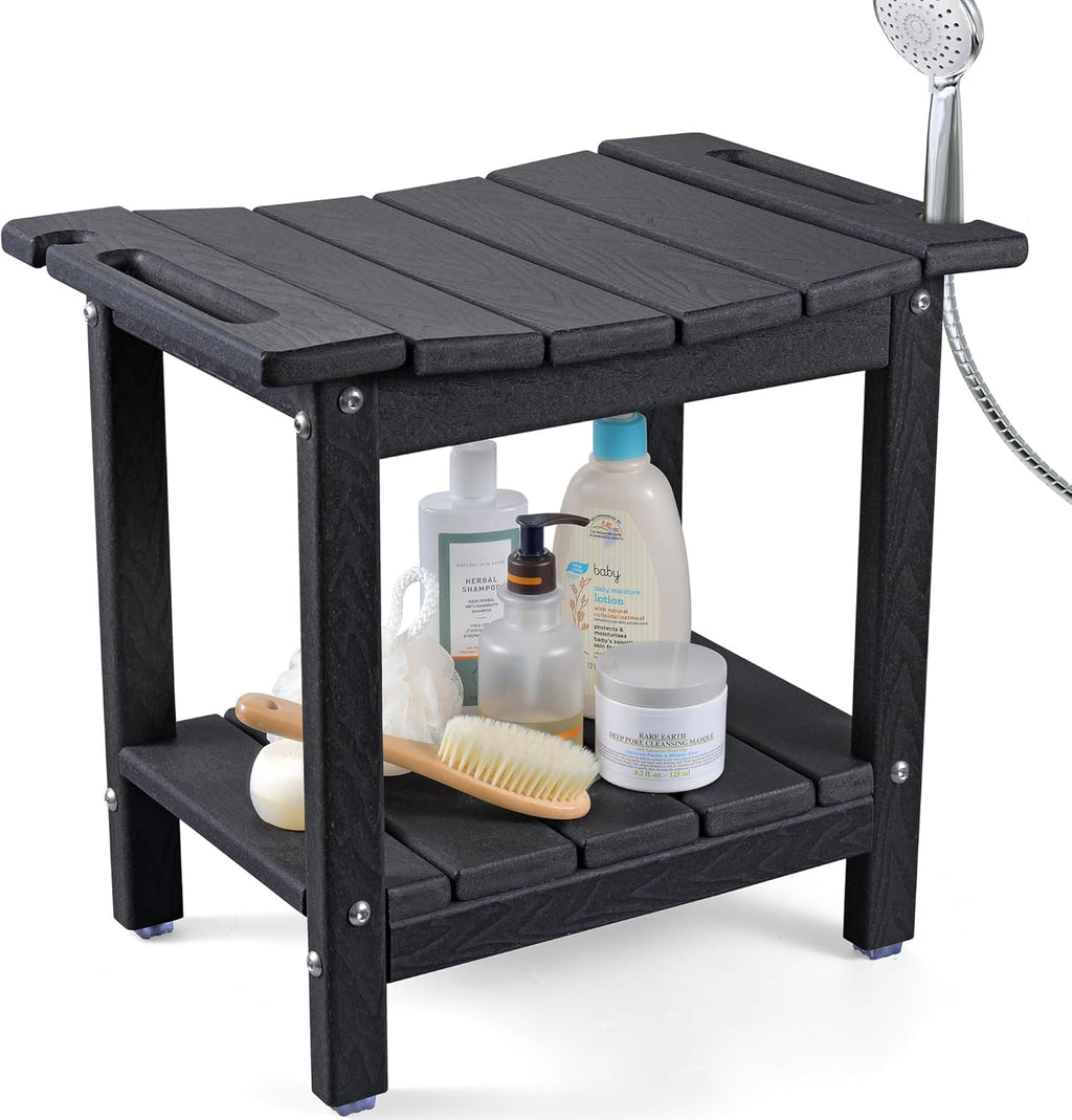 LyriFine Shower Bench - HDPE Waterproof Shower Bench for Inside Shower, 18.7" Shower Stool with Shower Head Holder, 350lbs Shower Seat with Storage Shelf, Shower Chair for Bathroom Indoor Outdoor Use