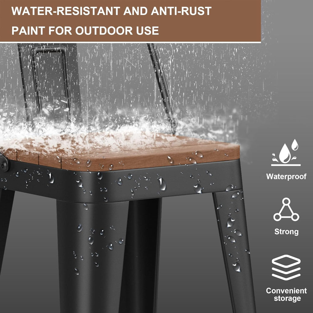 HAOBO Home 24" Outdoor Barstools Patio Stool Metal Bar Stools Set of 4 Counter Height Barstools with Wood Plastic Seat Industrial Bar Chairs Metal Kitchen Stools