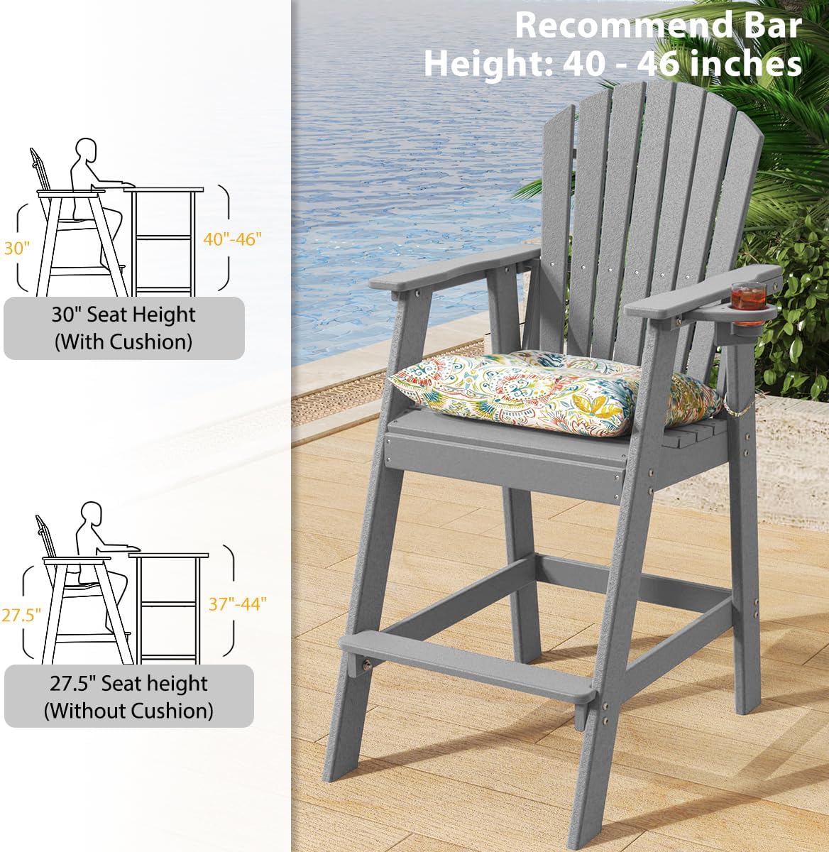 Sundale Outdoor Adirondack Bar Stool, Patio HDPE Bar Chair with Backrest, 30 Inch Seat Height Tall Bistro Dining Counter Stool with Cushion, All-Weather Pub Height Chair, Gray