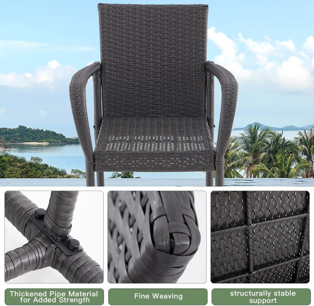 Outdoor Bar Stools Set of 2, Patio Bar Stools with Armrests, All Weather Wicker Rattan Bar Chairs with Backrest for Backyard, Garden, Pool, Balcony and Deck, Dark Grey