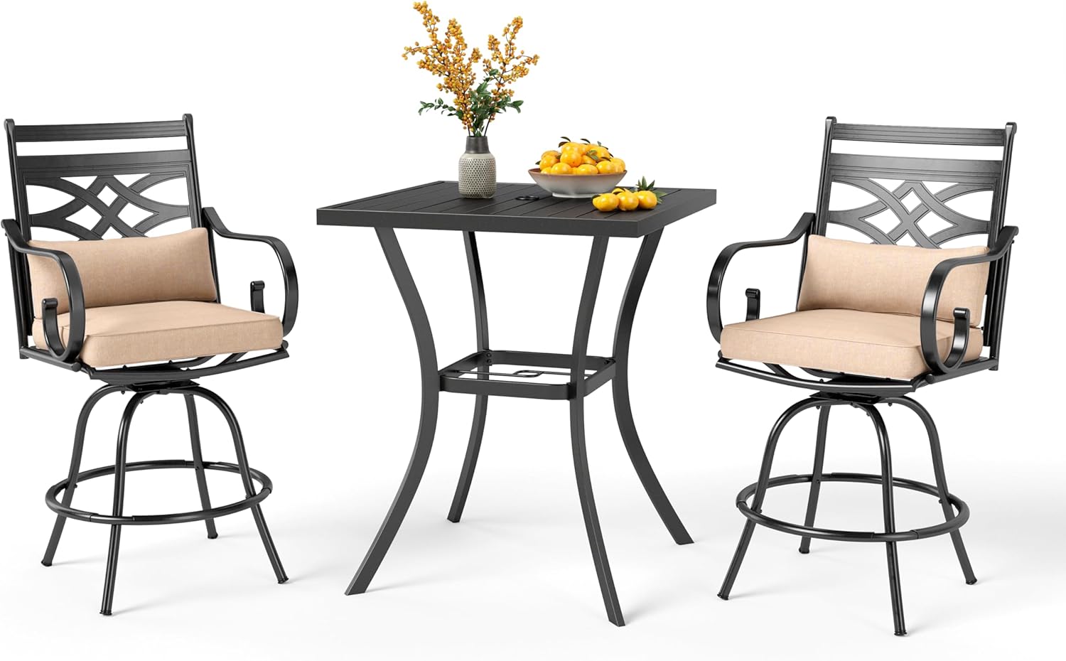 PHI VILLA Outdoor Swivel Bar Stools Set of 4，Patio Counter Height Bar Chairs with Back and Armrest，Metal,Black