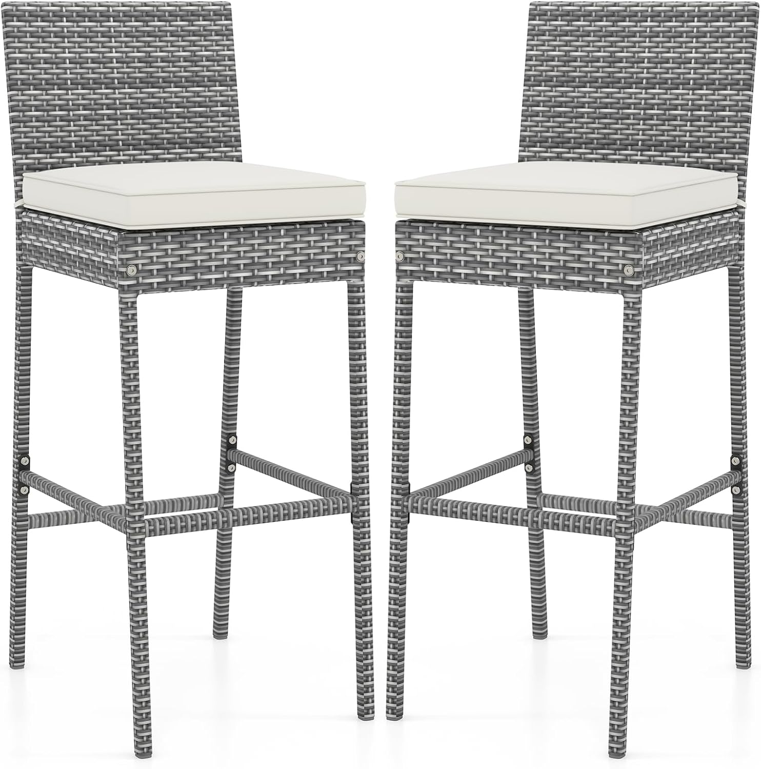Tangkula Set of 2 Patio Wicker Barstools, Outdoor Bar Height Chair w/Soft Seat Cushion & Cozy Footrest, Heavy-Duty Metal Frame, 400 lbs Max Load, Mix Brown Rattan Bar Chair for Backyard, Balcony