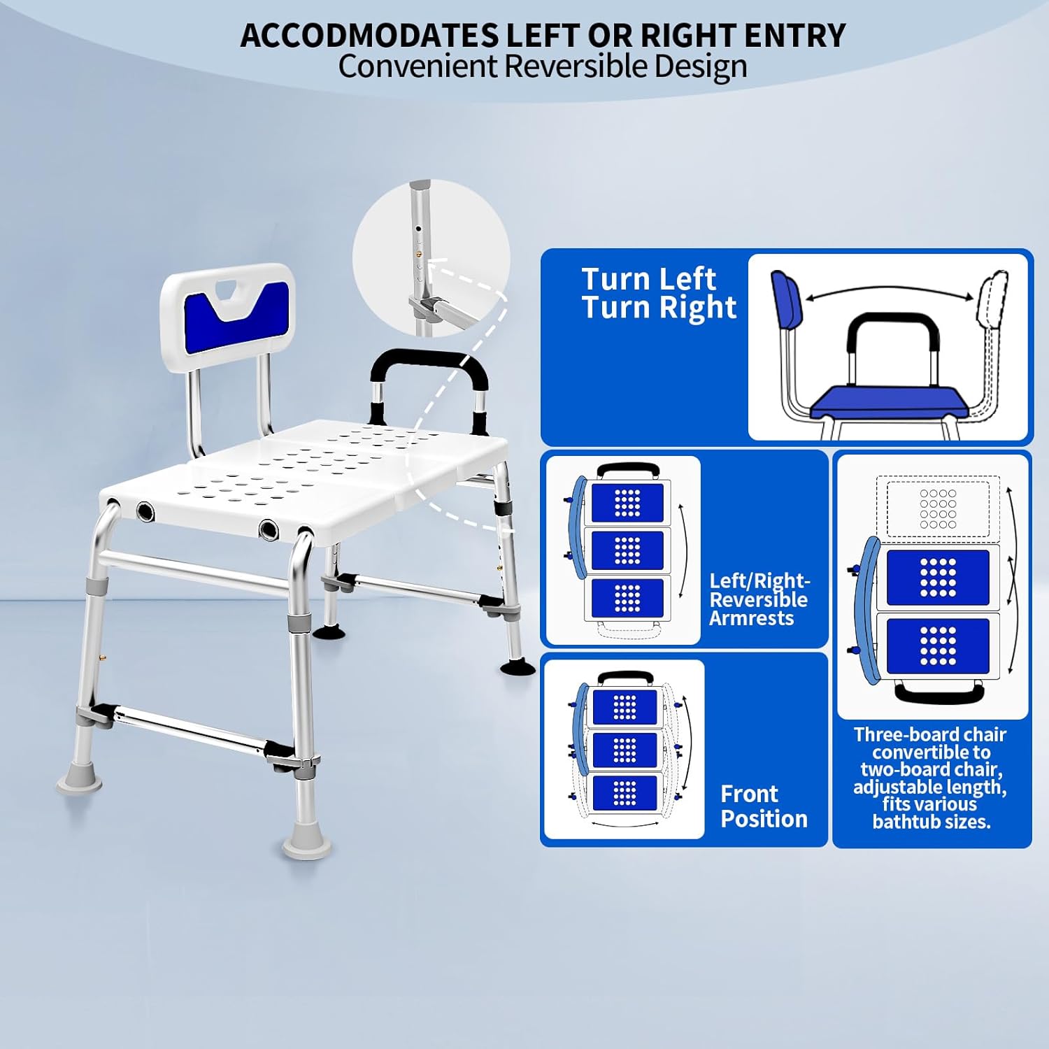 Heavy Duty Width Adjustable Bath Tub Transfer Shower Bench for Inside Tub Extended Shower Chair with Adjustable Height and Reversible Backrest Handicap Bath Seat for Elderly and Disabled