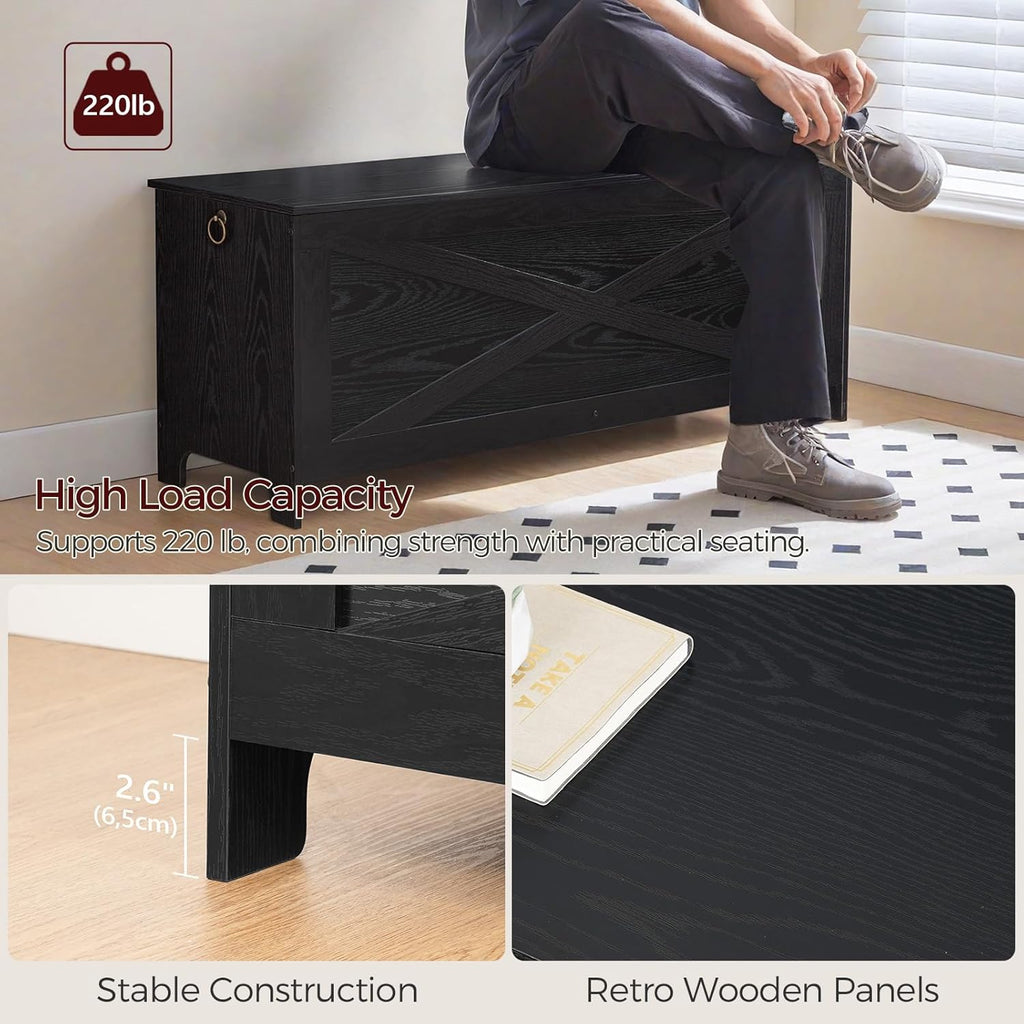 47.2" Toy Chest, Sturdy Entryway Storage Chest with Safety Hinge, Retro Toy Box, Wooden Look Accent Furniture for Living Room, Bedroom, Black SCBK48801