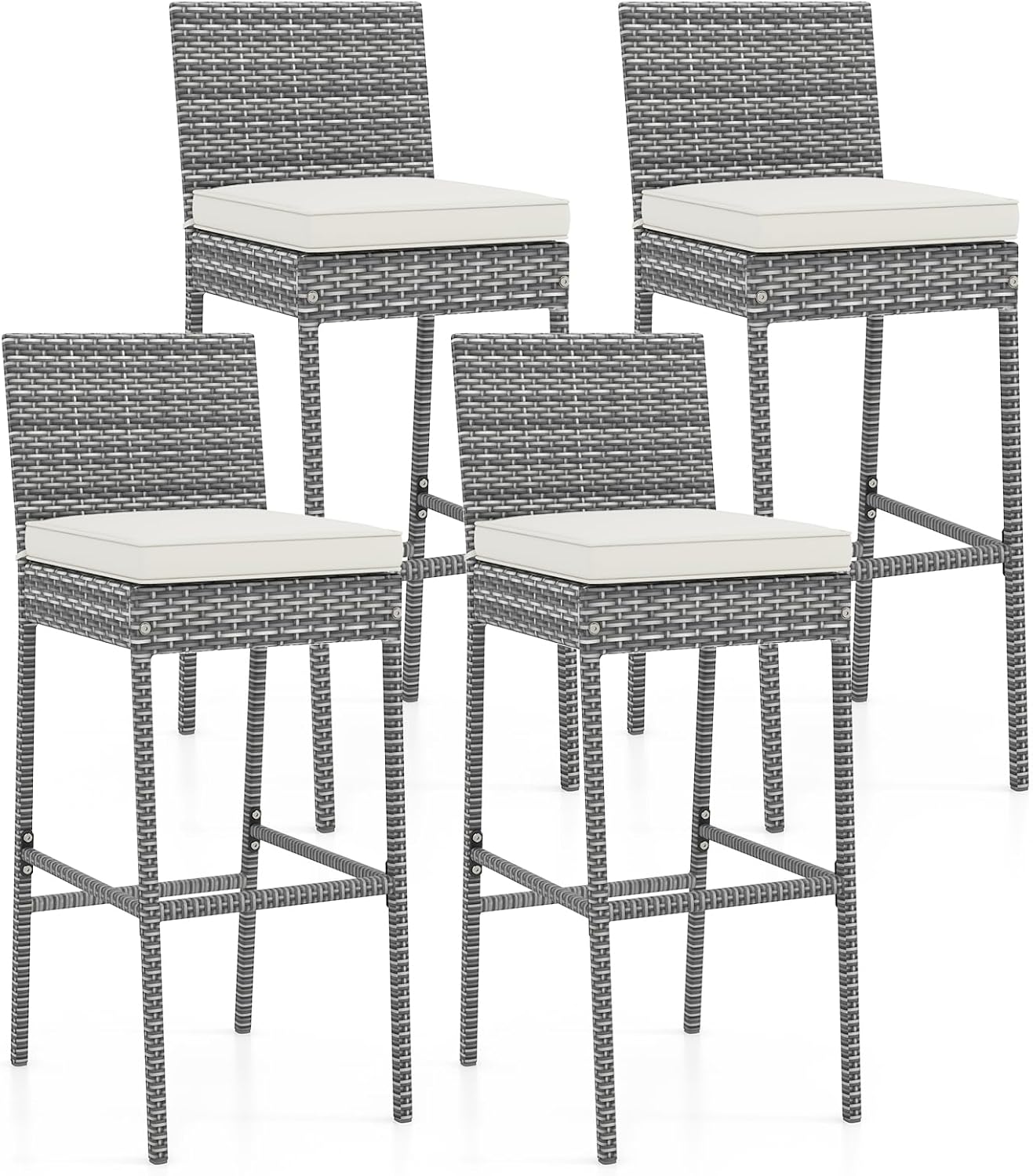 Tangkula Set of 2 Patio Wicker Barstools, Outdoor Bar Height Chair w/Soft Seat Cushion & Cozy Footrest, Heavy-Duty Metal Frame, 400 lbs Max Load, Mix Brown Rattan Bar Chair for Backyard, Balcony