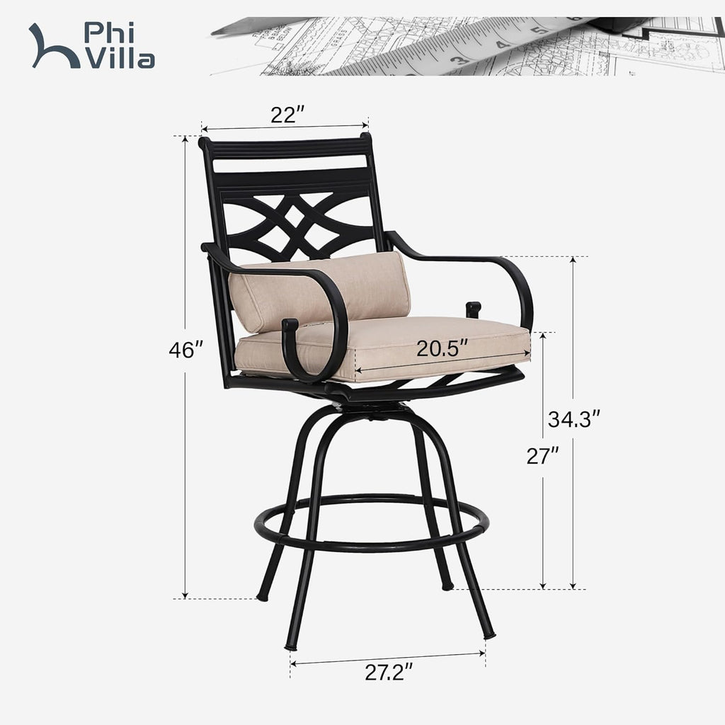 PHI VILLA Outdoor Swivel Bar Stools Set of 4，Patio Counter Height Bar Chairs with Back and Armrest，Metal,Black