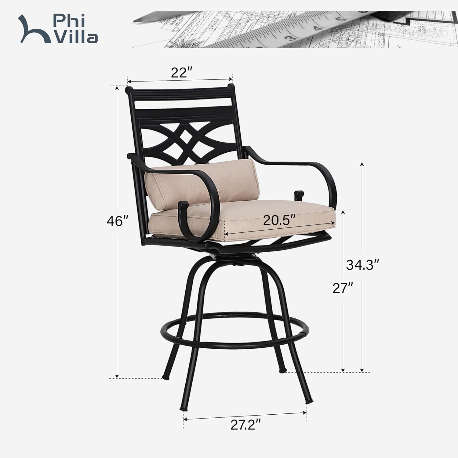 PHI VILLA Outdoor Swivel Bar Stools Set of 4，Patio Counter Height Bar Chairs with Back and Armrest，Metal,Black