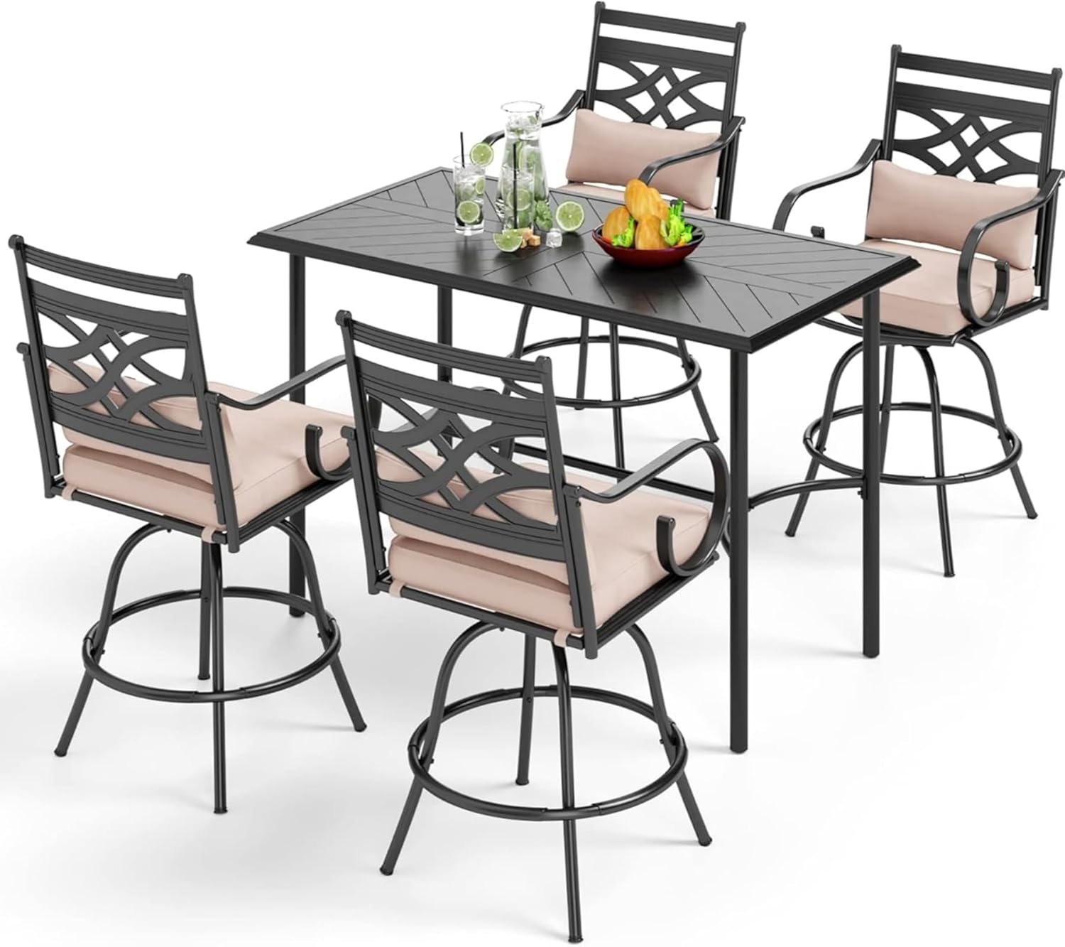 PHI VILLA Outdoor Swivel Bar Stools Set of 4，Patio Counter Height Bar Chairs with Back and Armrest，Metal,Black