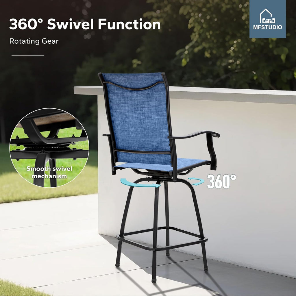 MFSTUDIO Outdoor Bar Stools Set of 4, Swivel Bar Height Patio Chairs Outdoor Barstools High Top Patio Swivel Bar Chairs, Breathable Textilene, Navy Blue