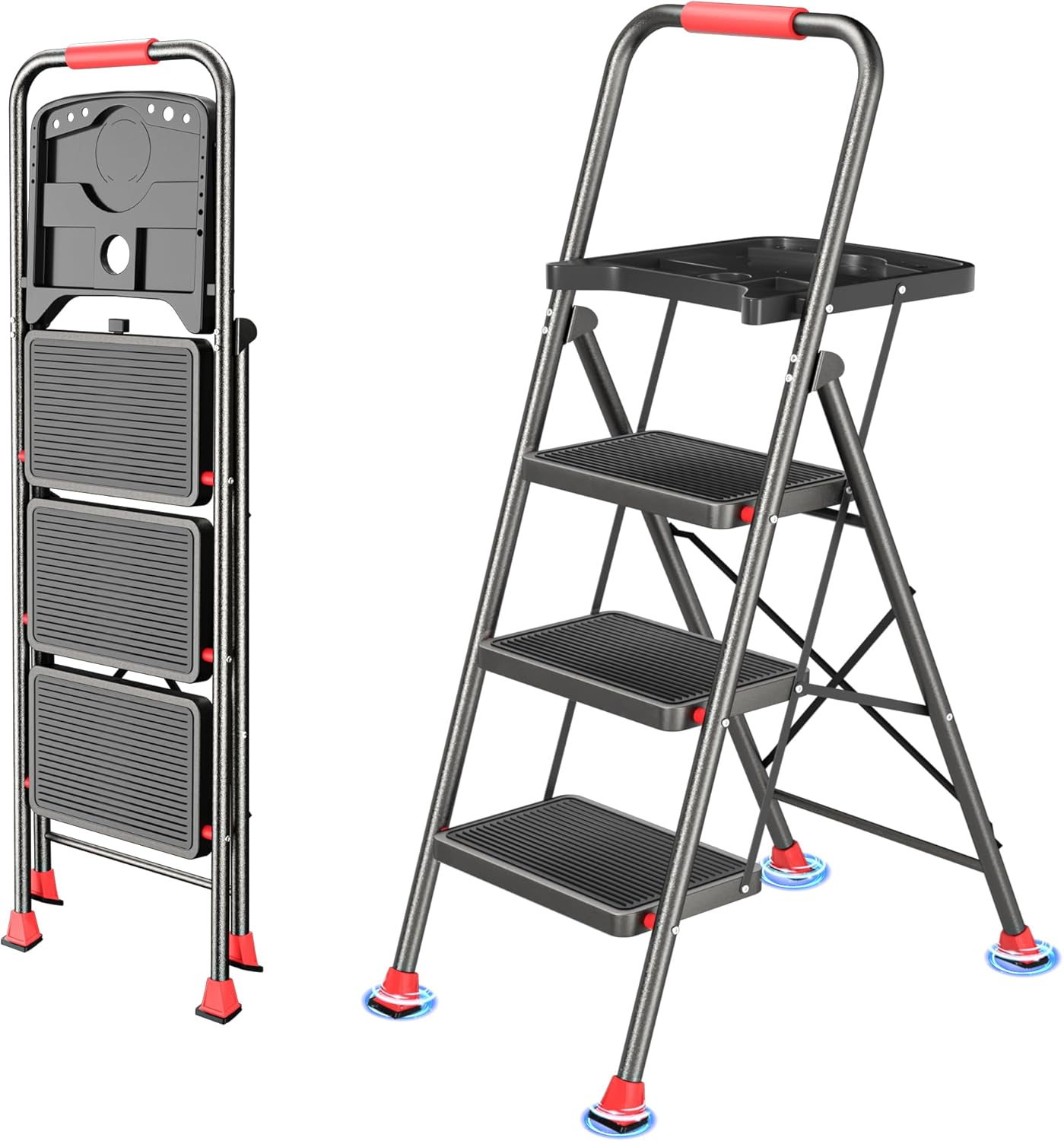 3 Step Ladder, Folding Step Stool with Tool Platform, Wide Anti-Slip Pedal and Anti-Slip Feet, Sturdiest Steel Construction, 600lbs Capacity Steel Ladder for Home Office, Grey