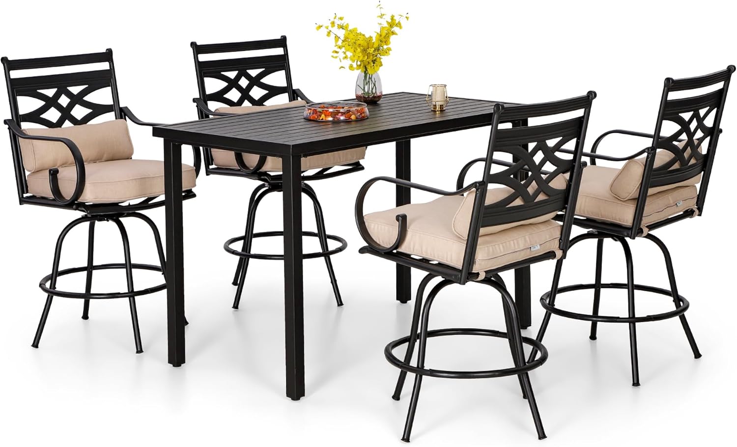 PHI VILLA Outdoor Swivel Bar Stools Set of 4，Patio Counter Height Bar Chairs with Back and Armrest，Metal,Black