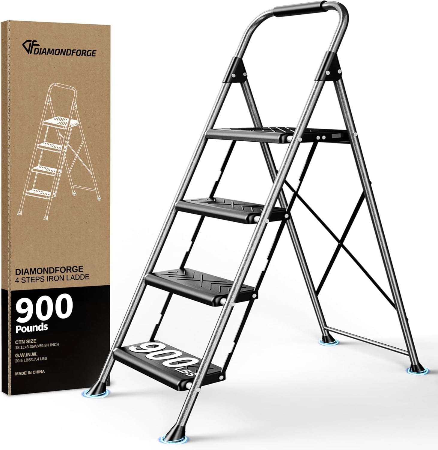 3 Step Ladder, Folding Step Stool with Tool Platform, Wide Anti-Slip Pedal and Anti-Slip Feet, Sturdiest Steel Construction, 600lbs Capacity Steel Ladder for Home Office, Grey