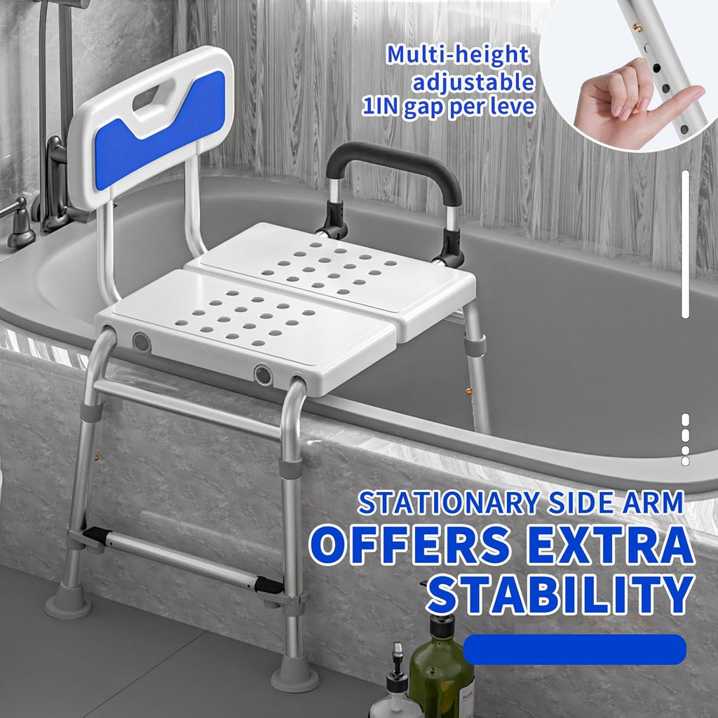 Heavy Duty Width Adjustable Bath Tub Transfer Shower Bench for Inside Tub Extended Shower Chair with Adjustable Height and Reversible Backrest Handicap Bath Seat for Elderly and Disabled
