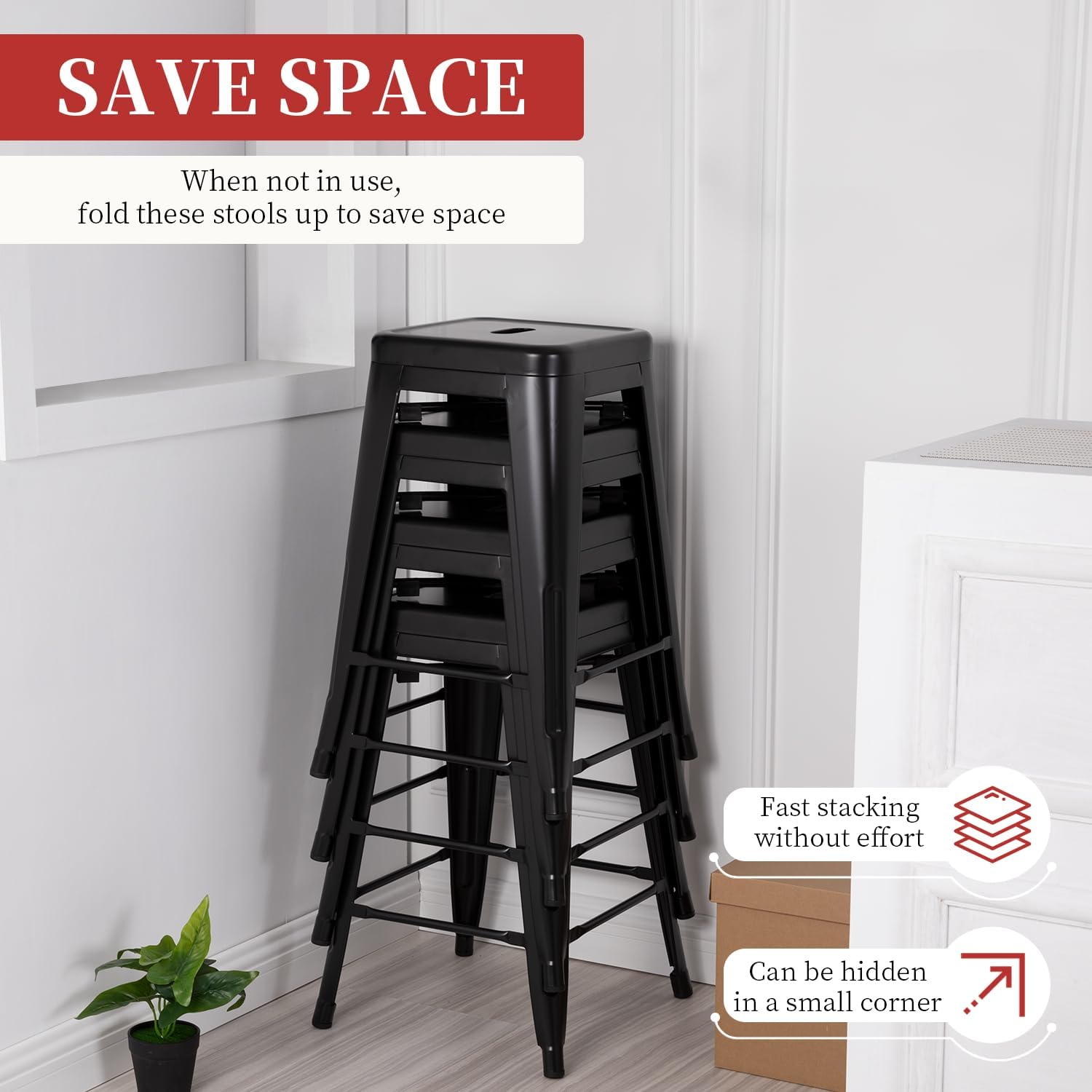 FDW Metal Bar Stools Set of 4 Counter Height Bar Stools 24 Inches Industrial Bar Chairs Patio Stool Stackable Backless Stool Indoor Outdoor Metal Kitchen Stools Bar Chairs (Black, 24")