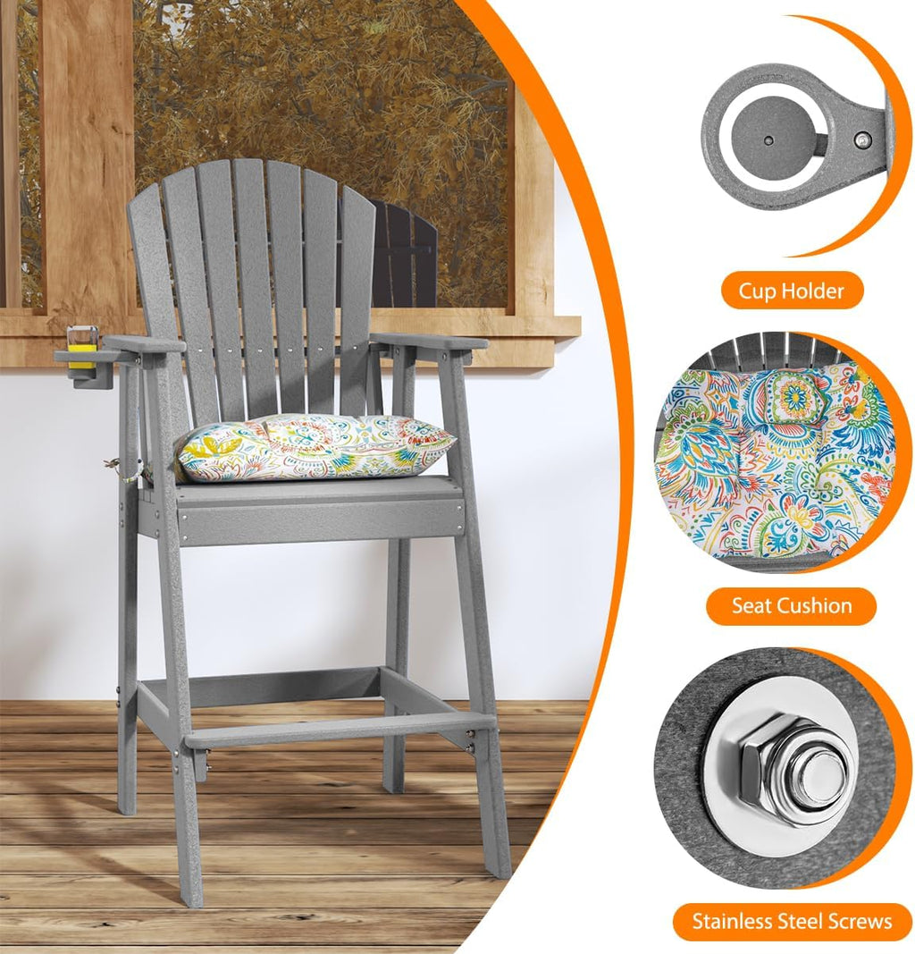 Sundale Outdoor Adirondack Bar Stool, Patio HDPE Bar Chair with Backrest, 30 Inch Seat Height Tall Bistro Dining Counter Stool with Cushion, All-Weather Pub Height Chair, Gray