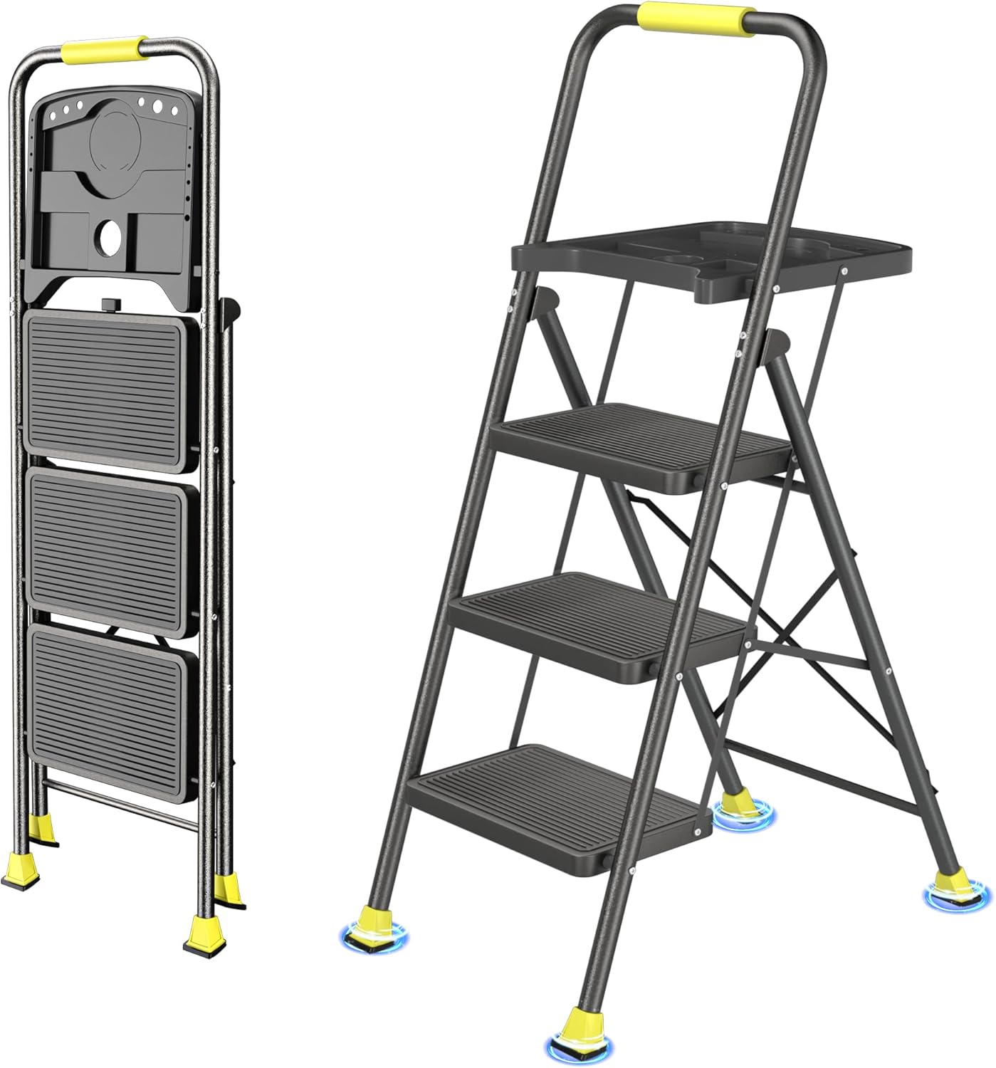 3 Step Ladder, Folding Step Stool with Tool Platform, Wide Anti-Slip Pedal and Anti-Slip Feet, Sturdiest Steel Construction, 600lbs Capacity Steel Ladder for Home Office, Grey