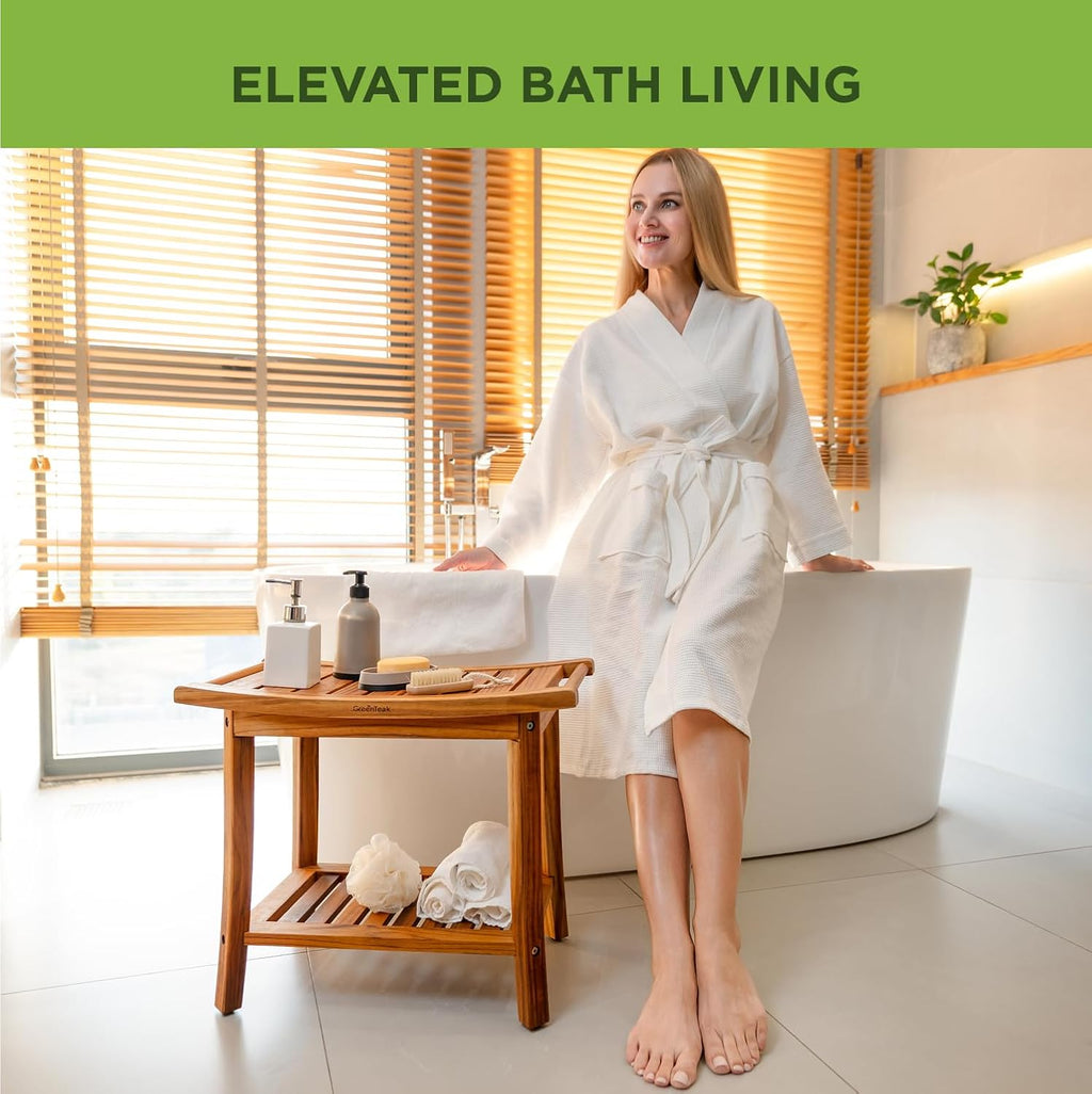 Premium 22" Teak Shower Bench with Handles, Waterproof Teak Shower Stool, Wooden Stool for Bathroom, Teak Wood Shower Seat Chair for Shower Storage Shelf, 300 Lbs Capacity