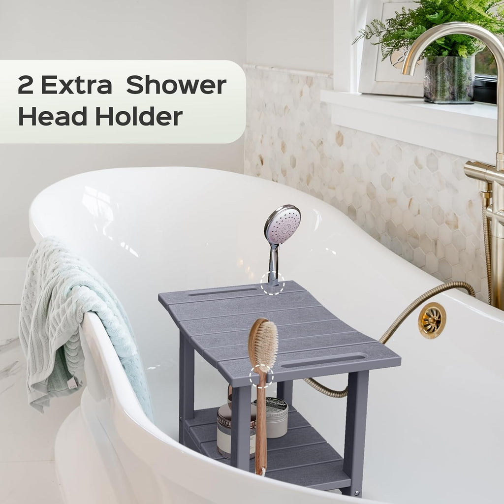 LyriFine Shower Bench - HDPE Waterproof Shower Bench for Inside Shower, 18.7" Shower Stool with Shower Head Holder, 350lbs Shower Seat with Storage Shelf, Shower Chair for Bathroom Indoor Outdoor Use