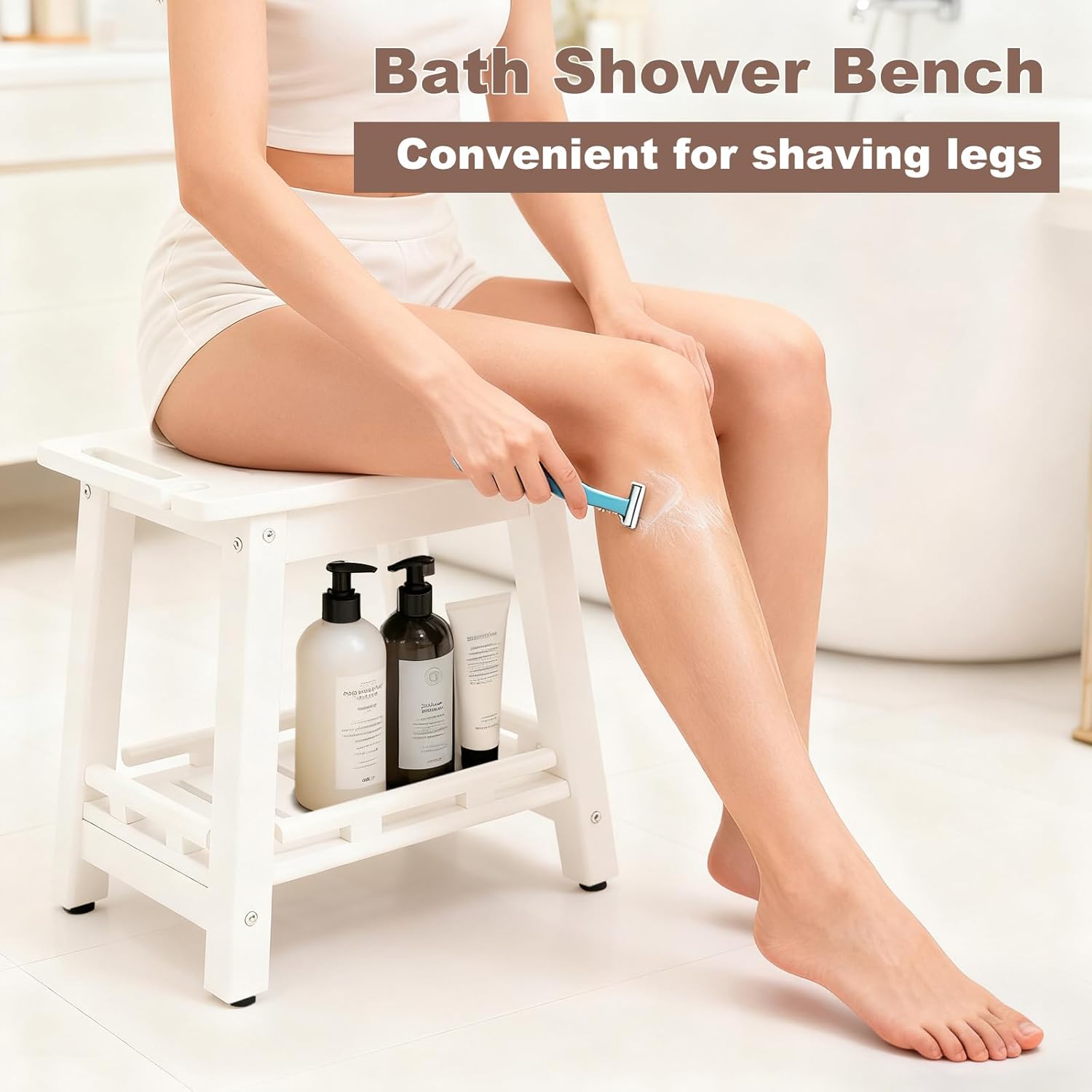 HDPE Shower Bench Seat for Shaving Legs, Waterproof Shower Stool with Storage Shelf for Bathroom,White