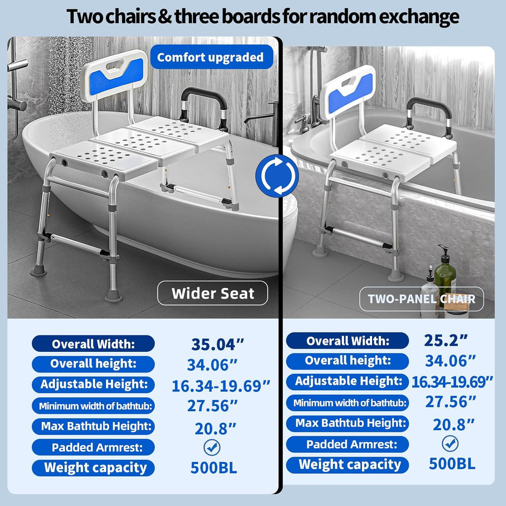 Heavy Duty Width Adjustable Bath Tub Transfer Shower Bench for Inside Tub Extended Shower Chair with Adjustable Height and Reversible Backrest Handicap Bath Seat for Elderly and Disabled