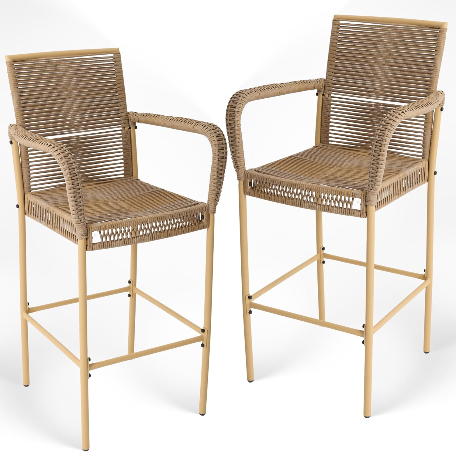 Outdoor Bar Stools Set of 2, Patio Bar Stools with Armrests, All Weather Wicker Rattan Bar Chairs with Backrest for Backyard, Garden, Pool, Balcony and Deck, Dark Grey