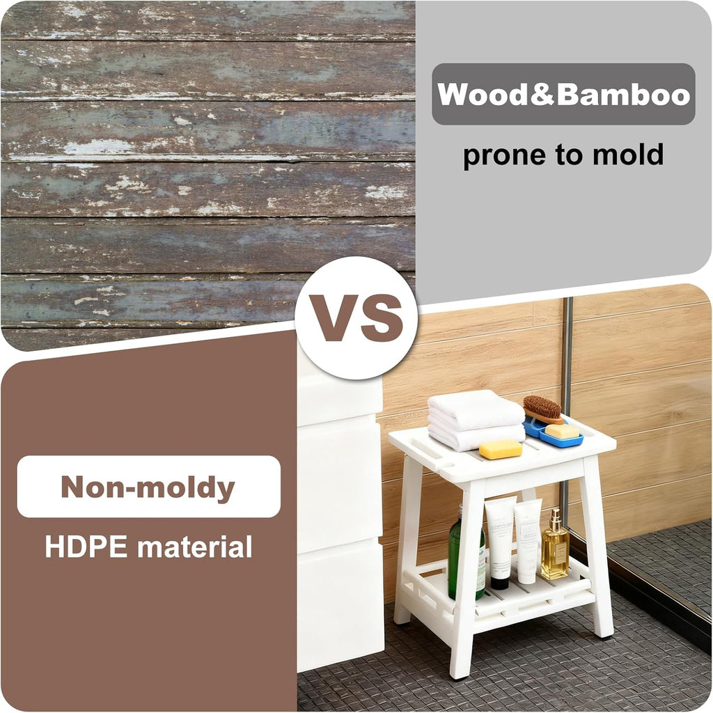 HDPE Shower Bench Seat for Shaving Legs, Waterproof Shower Stool with Storage Shelf for Bathroom,White