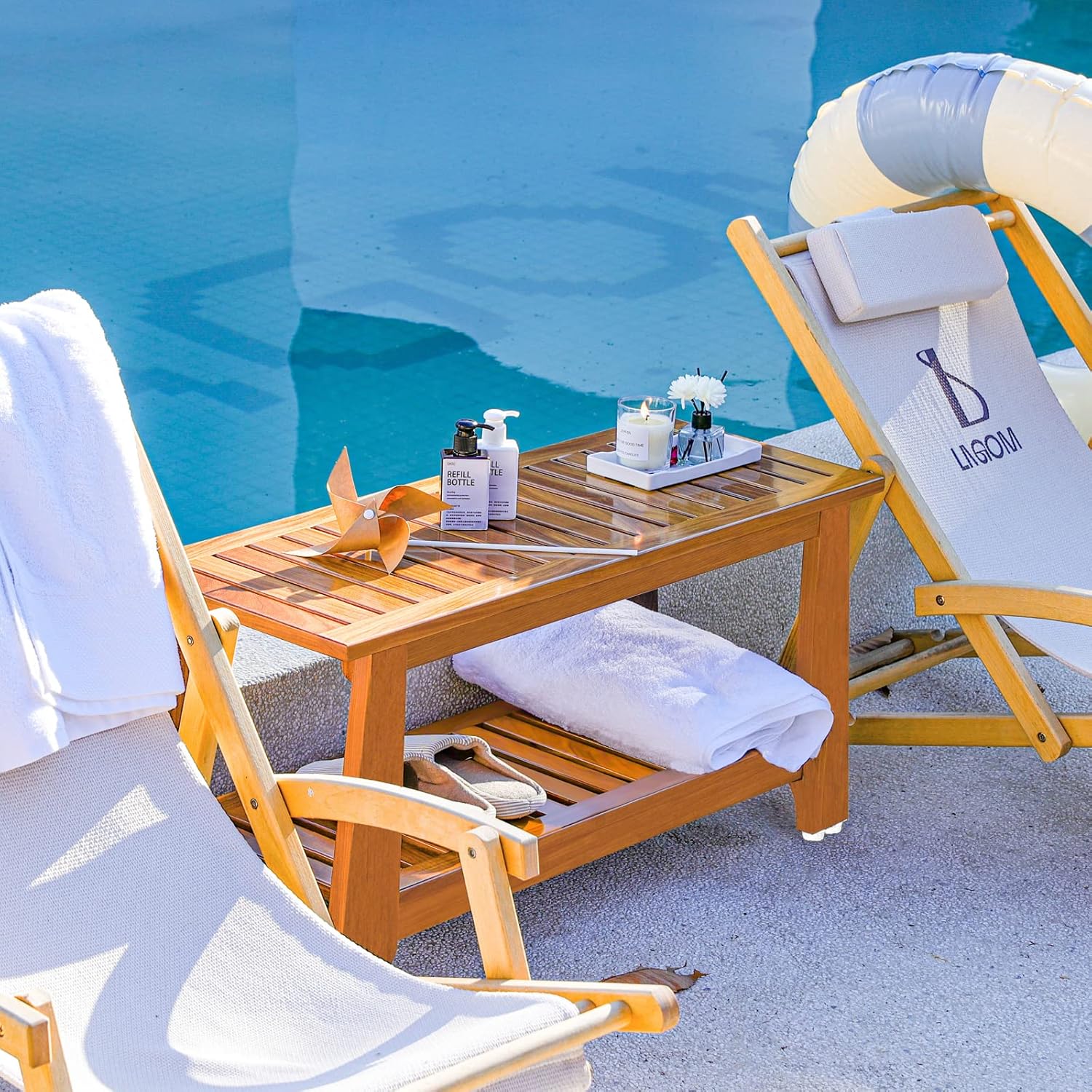 NNN 24" Commercial Teak Shower Bench - 8 Non-Slip Leveling Feet & 350 lbs Capacity | Rock-Solid Stability for Seniors & Spa Safety | Waterproof Design for Saunas/Outdoor Pools (Patented)