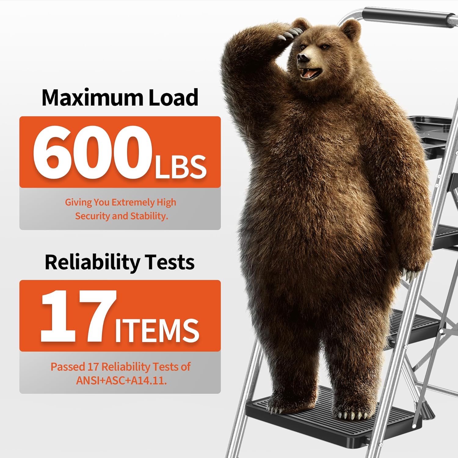 3 Step Ladder, Folding Step Stool with Tool Platform, Wide Anti-Slip Pedal and Anti-Slip Feet, Sturdiest Steel Construction, 600lbs Capacity Steel Ladder for Home Office, Grey