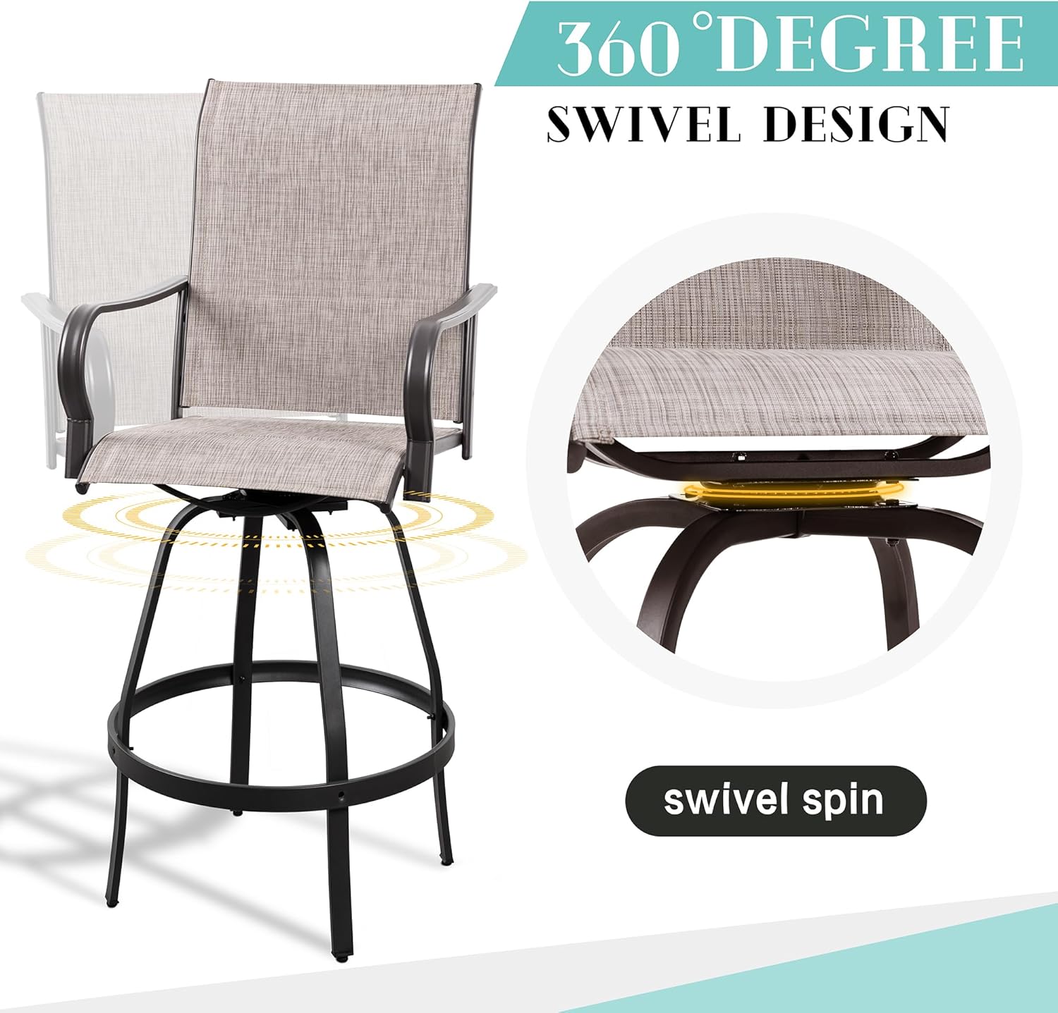 Vongrasig 2 Piece Patio Swivel Bar Chairs, All Weather Metal Textile High Swivel Bar Stools Chairs, Outdoor High Top Bistro Set for Backyard, Lawn Garden, Balcony, Taupe