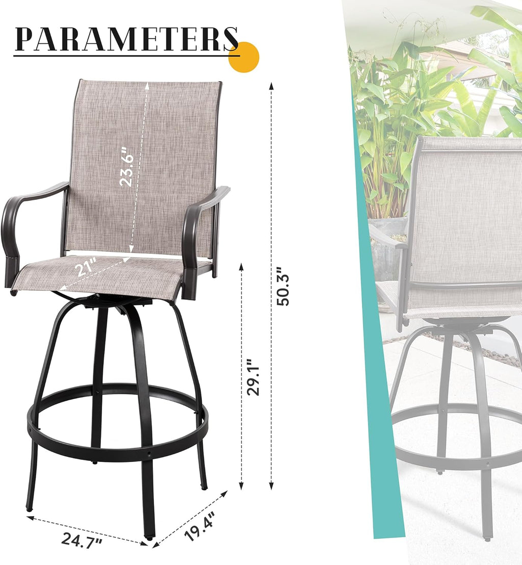Vongrasig 2 Piece Patio Swivel Bar Chairs, All Weather Metal Textile High Swivel Bar Stools Chairs, Outdoor High Top Bistro Set for Backyard, Lawn Garden, Balcony, Taupe