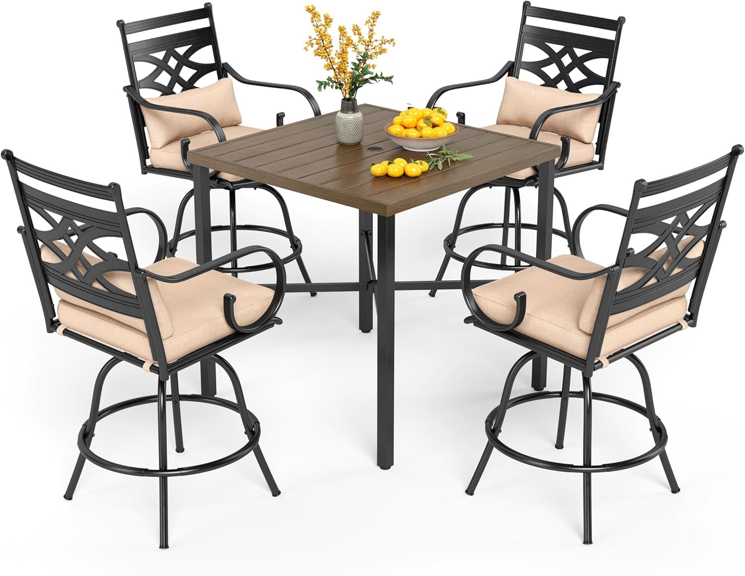 PHI VILLA Outdoor Swivel Bar Stools Set of 4，Patio Counter Height Bar Chairs with Back and Armrest，Metal,Black