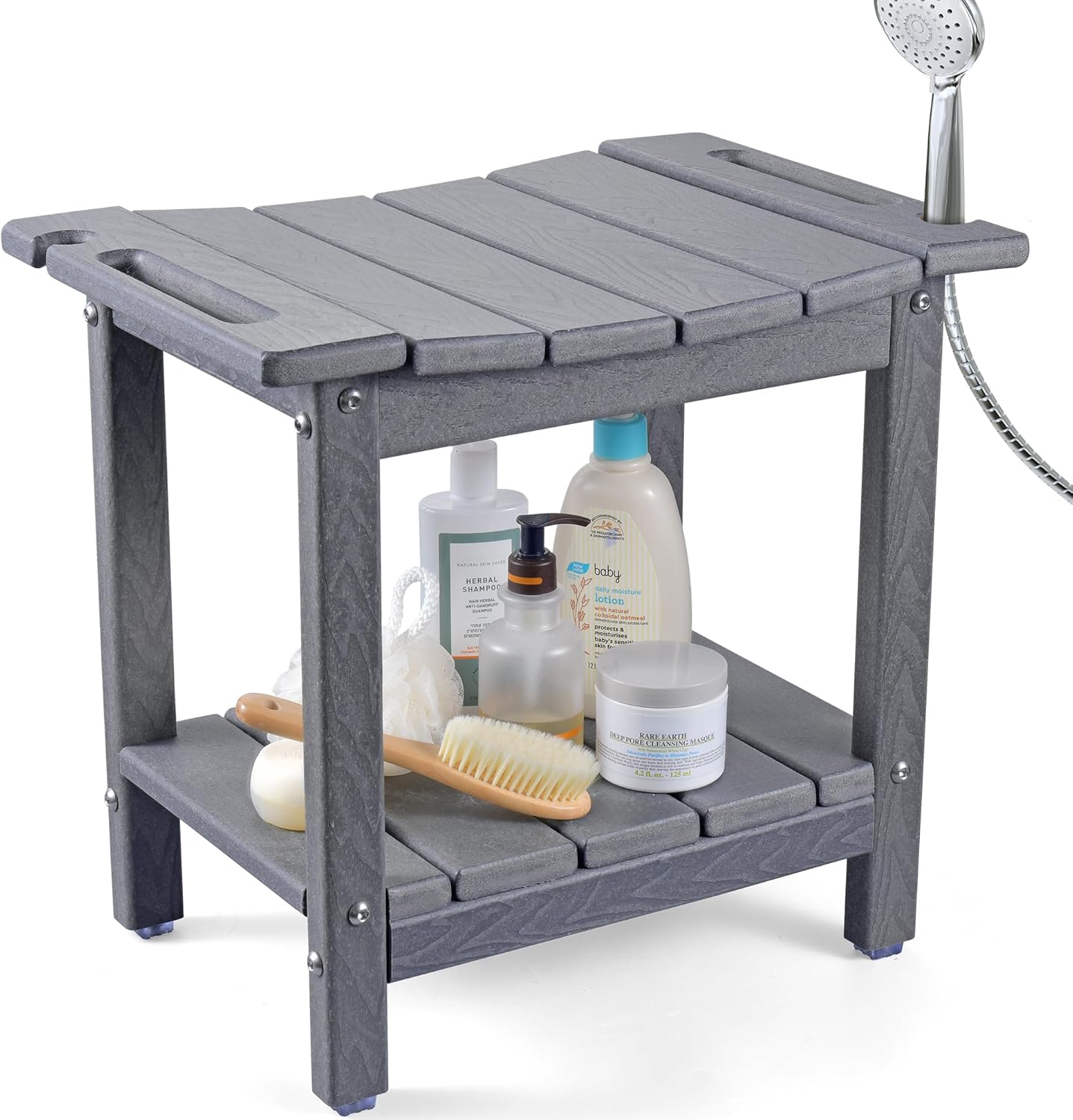 LyriFine Shower Bench - HDPE Waterproof Shower Bench for Inside Shower, 18.7" Shower Stool with Shower Head Holder, 350lbs Shower Seat with Storage Shelf, Shower Chair for Bathroom Indoor Outdoor Use