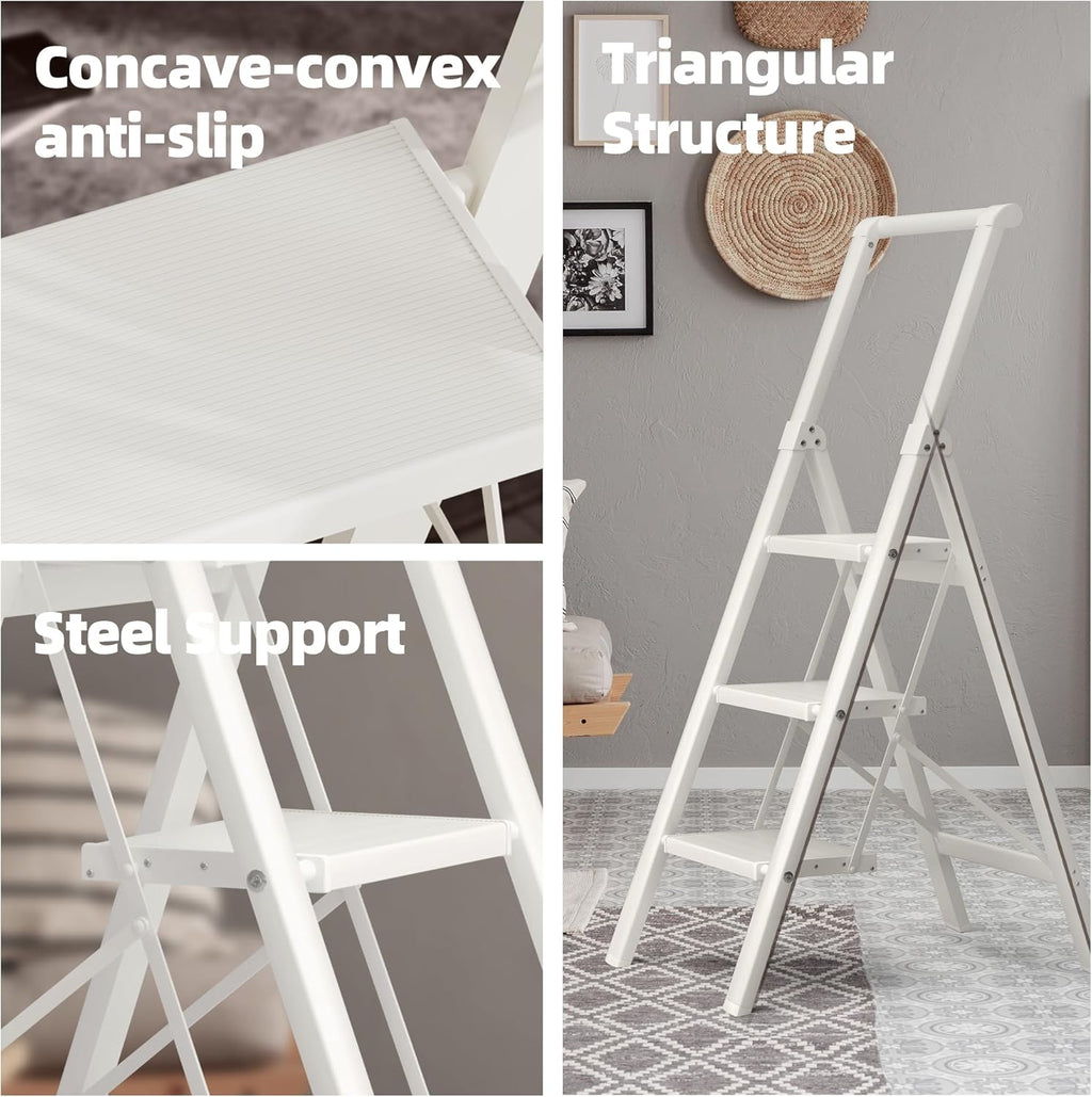 HillhutApex 3 Step Foldable Aluminum Step Ladder with Handgrip, Anti-Slip Pedal, 330 lbs Capacity, Lightweight & Portable for Home, Kitchen, Office, Garage (White)