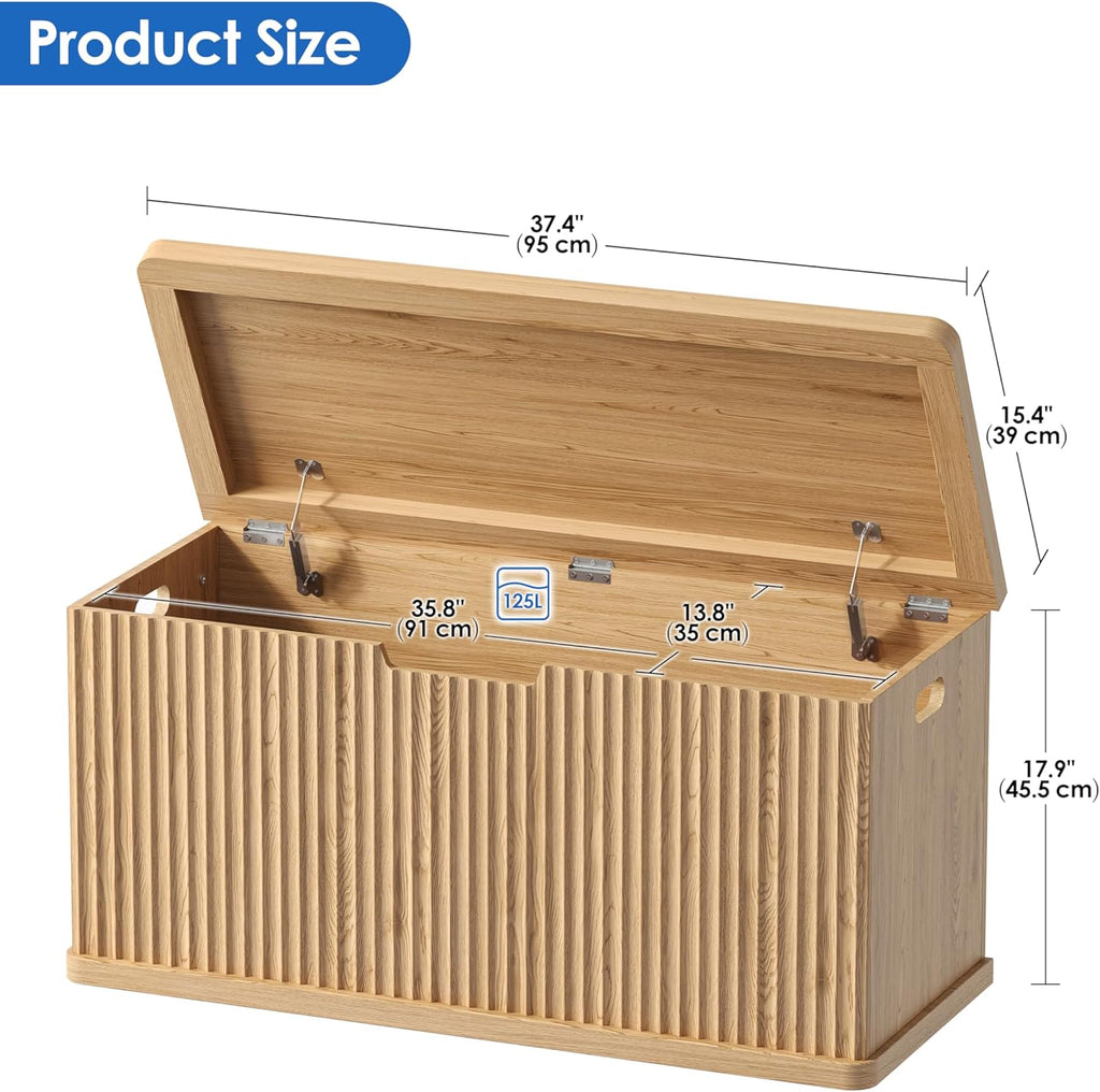 Fluted Storage Chest with 2 Safety Hinges, 37.4" Wooden Storage Trunk, Natural Entryway Bench, for Living Room, Bedroom, Curved Profile, Easy Assembly, Natural Oak