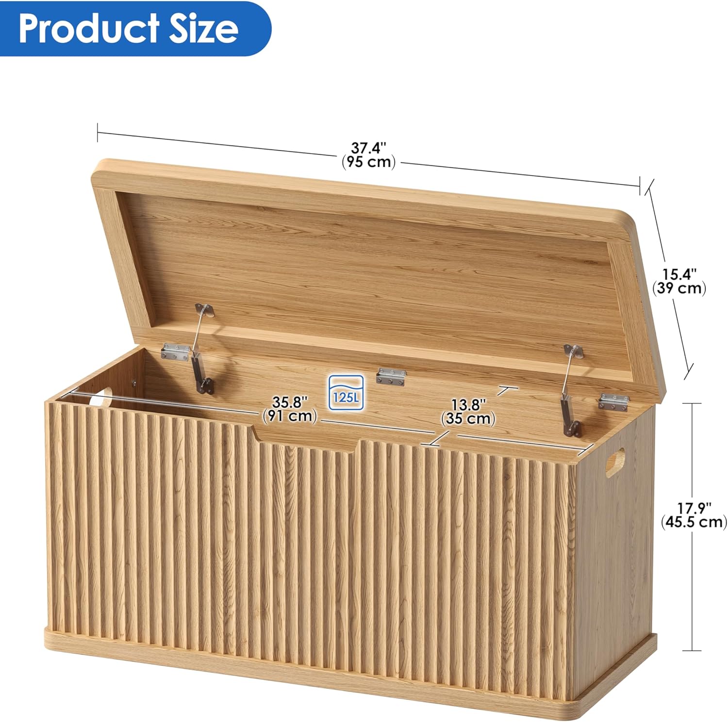 Fluted Storage Chest with 2 Safety Hinges, 37.4" Wooden Storage Trunk, Natural Entryway Bench, for Living Room, Bedroom, Curved Profile, Easy Assembly, Natural Oak