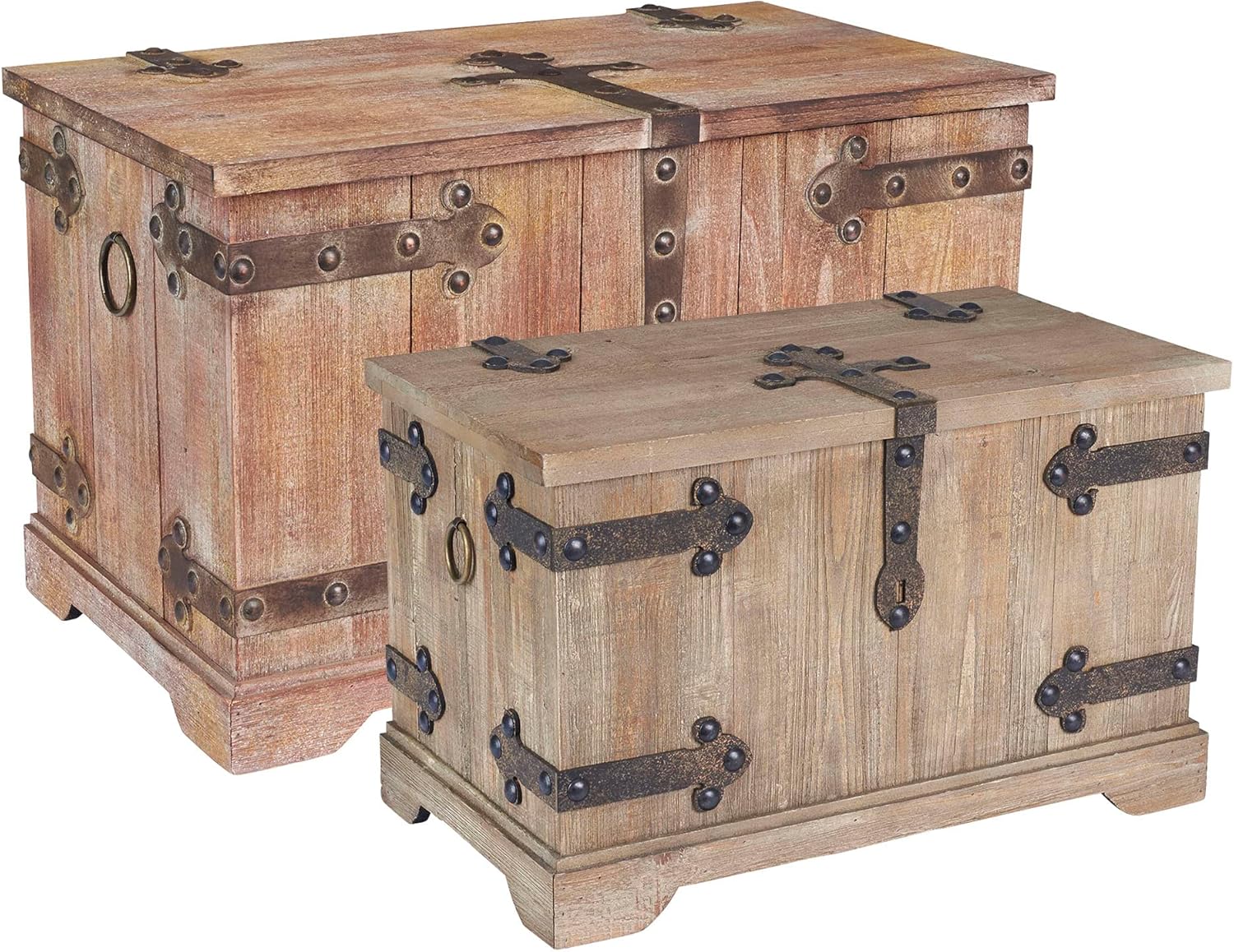 Household Essentials Antiqued Decorative Trunk, Large, Chinese Fir Panel and MDF, Smooth Backing and Metal Hinge Accent, Flat Top and Stay-Open Lid