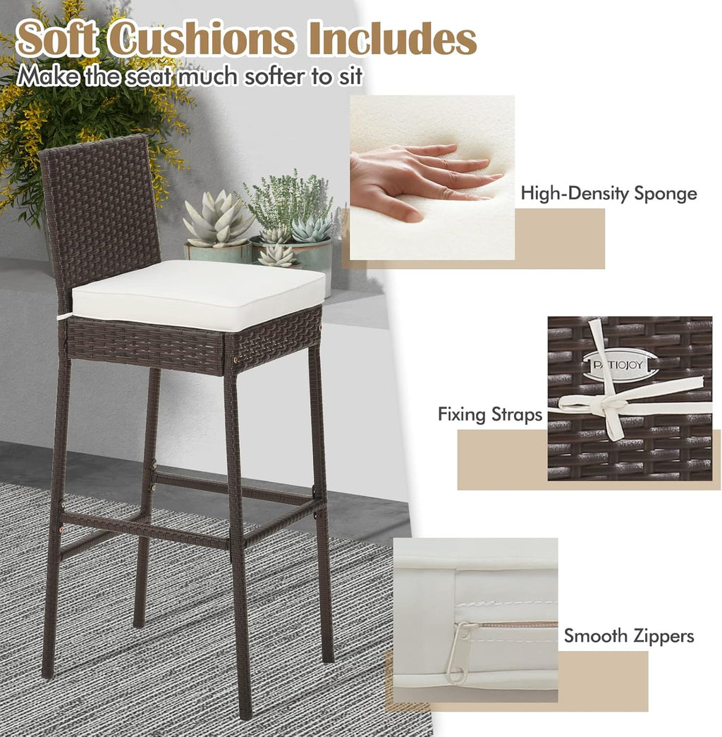 Tangkula Set of 2 Patio Wicker Barstools, Outdoor Bar Height Chair w/Soft Seat Cushion & Cozy Footrest, Heavy-Duty Metal Frame, 400 lbs Max Load, Mix Brown Rattan Bar Chair for Backyard, Balcony