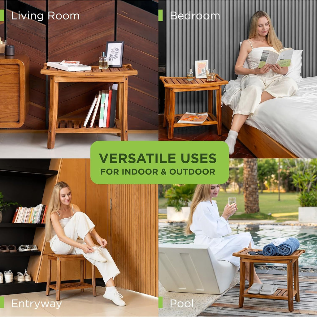 Premium 22" Teak Shower Bench with Handles, Waterproof Teak Shower Stool, Wooden Stool for Bathroom, Teak Wood Shower Seat Chair for Shower Storage Shelf, 300 Lbs Capacity