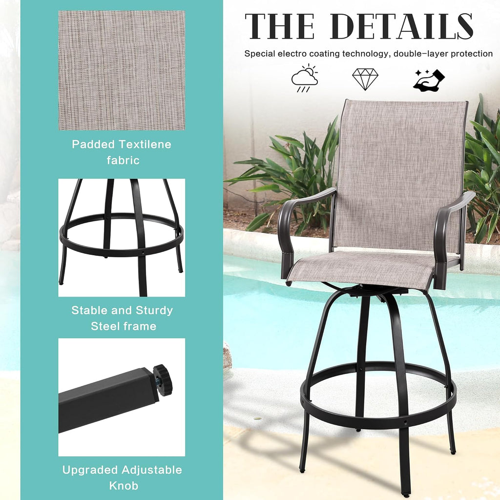 Vongrasig 2 Piece Patio Swivel Bar Chairs, All Weather Metal Textile High Swivel Bar Stools Chairs, Outdoor High Top Bistro Set for Backyard, Lawn Garden, Balcony, Taupe
