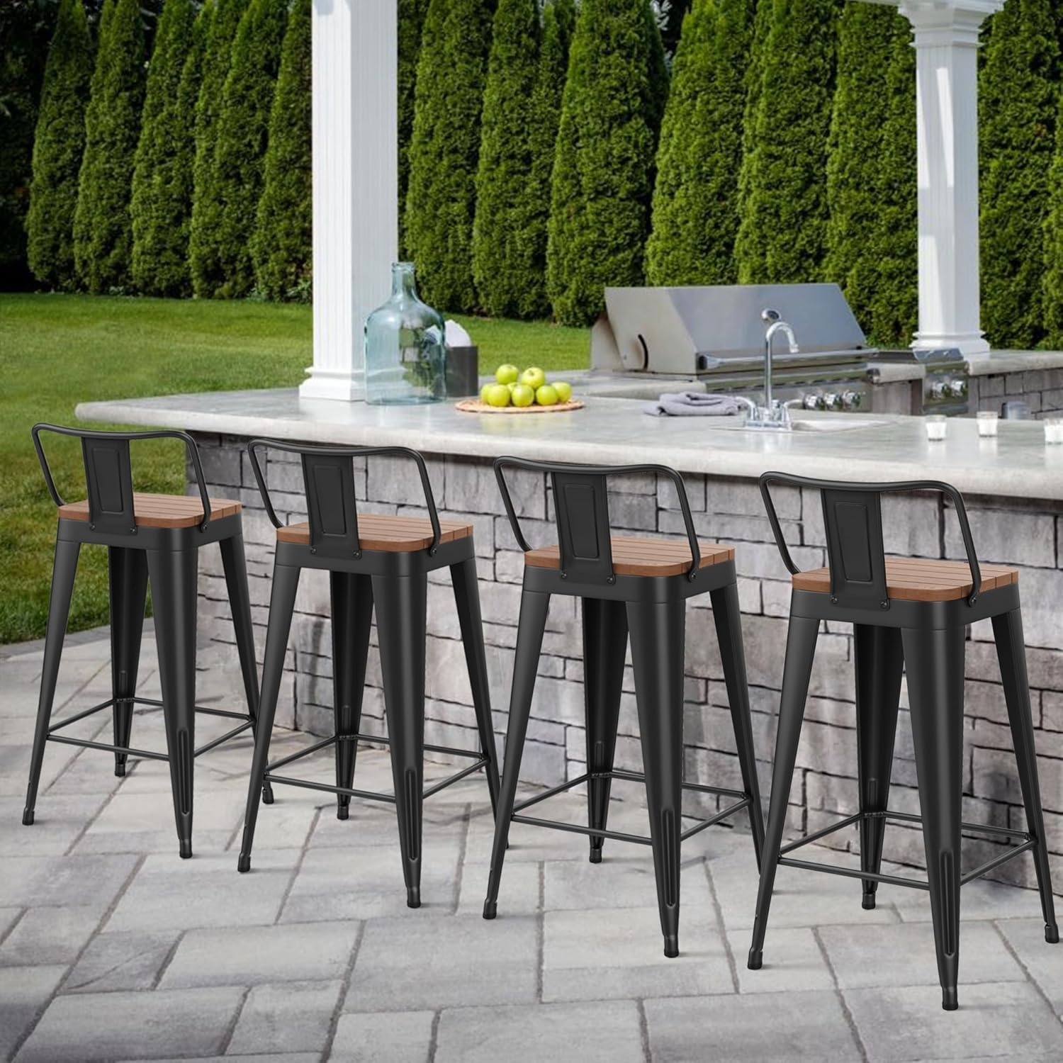 HAOBO Home 24" Outdoor Barstools Patio Stool Metal Bar Stools Set of 4 Counter Height Barstools with Wood Plastic Seat Industrial Bar Chairs Metal Kitchen Stools