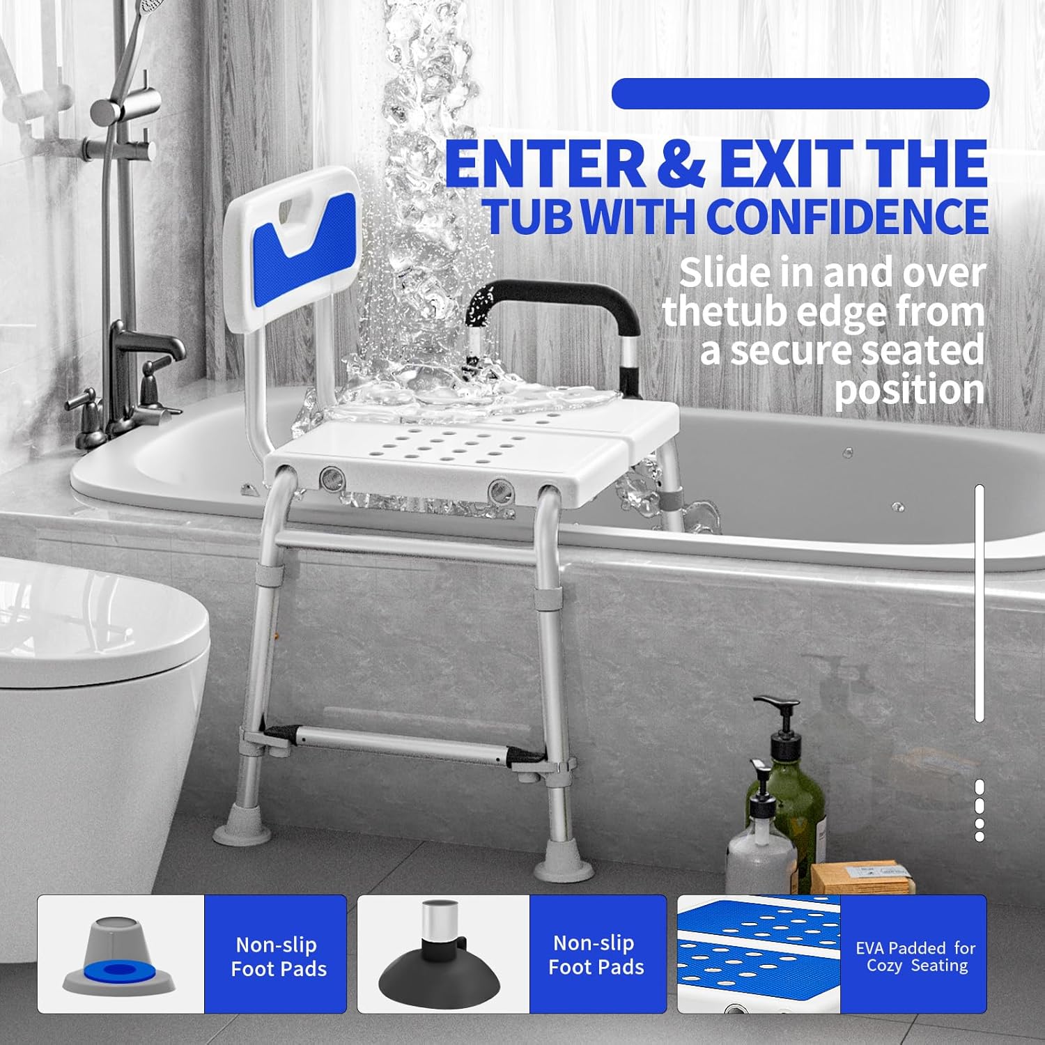 Heavy Duty Width Adjustable Bath Tub Transfer Shower Bench for Inside Tub Extended Shower Chair with Adjustable Height and Reversible Backrest Handicap Bath Seat for Elderly and Disabled