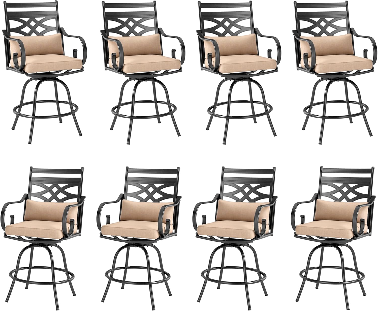 PHI VILLA Outdoor Swivel Bar Stools Set of 4，Patio Counter Height Bar Chairs with Back and Armrest，Metal,Black