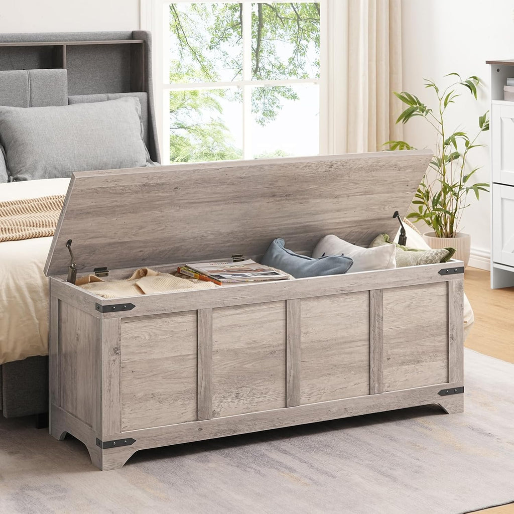 Storage Chest, 47.2" Storage Trunk with 2 Safety Hinges, Wooden Toy Chest, Entryway Shoe Bench, Large Toy Box for Kids Room, Bedroom, Living Room, Greige SCHG4901