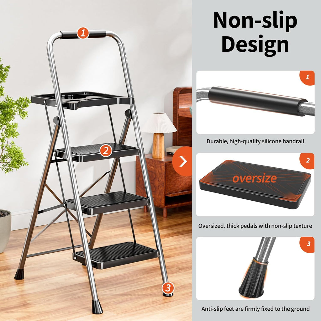 3 Step Ladder, Folding Step Stool with Tool Platform, Wide Anti-Slip Pedal and Anti-Slip Feet, Sturdiest Steel Construction, 600lbs Capacity Steel Ladder for Home Office, Grey