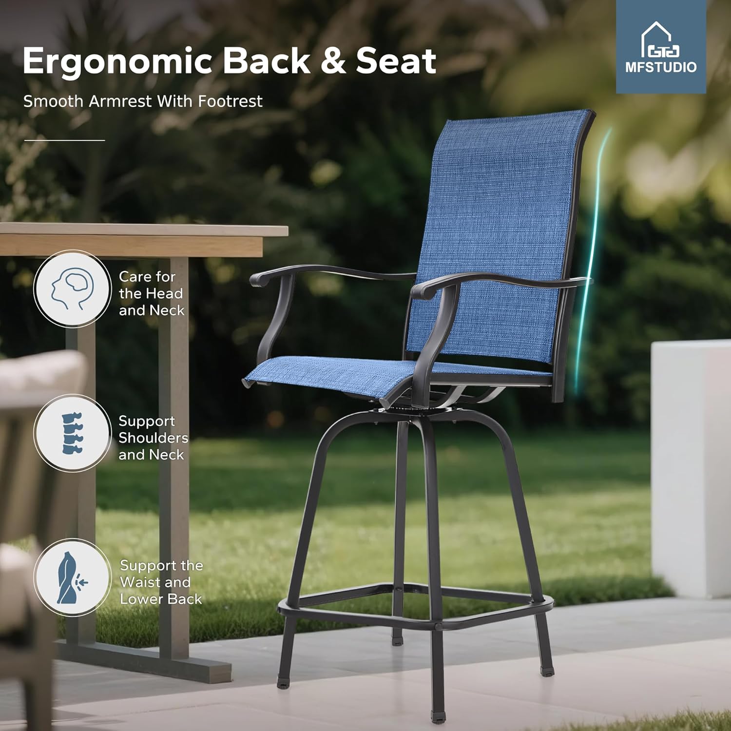 MFSTUDIO Outdoor Bar Stools Set of 4, Swivel Bar Height Patio Chairs Outdoor Barstools High Top Patio Swivel Bar Chairs, Breathable Textilene, Navy Blue