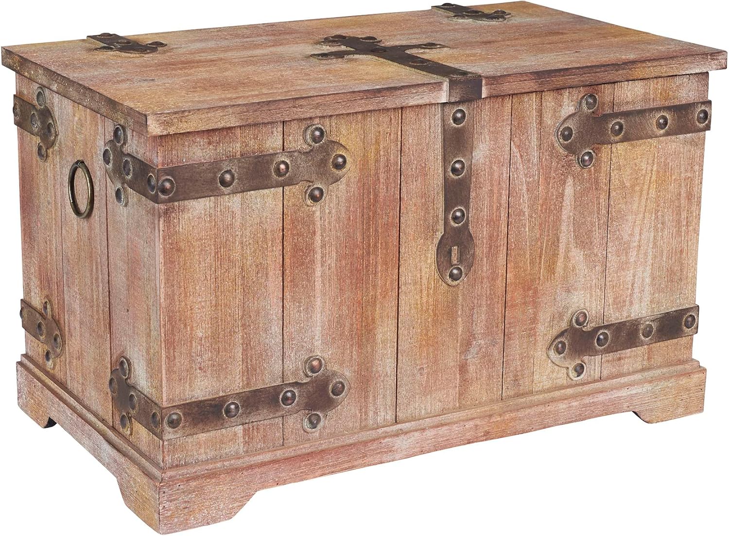 Household Essentials Antiqued Decorative Trunk, Large, Chinese Fir Panel and MDF, Smooth Backing and Metal Hinge Accent, Flat Top and Stay-Open Lid