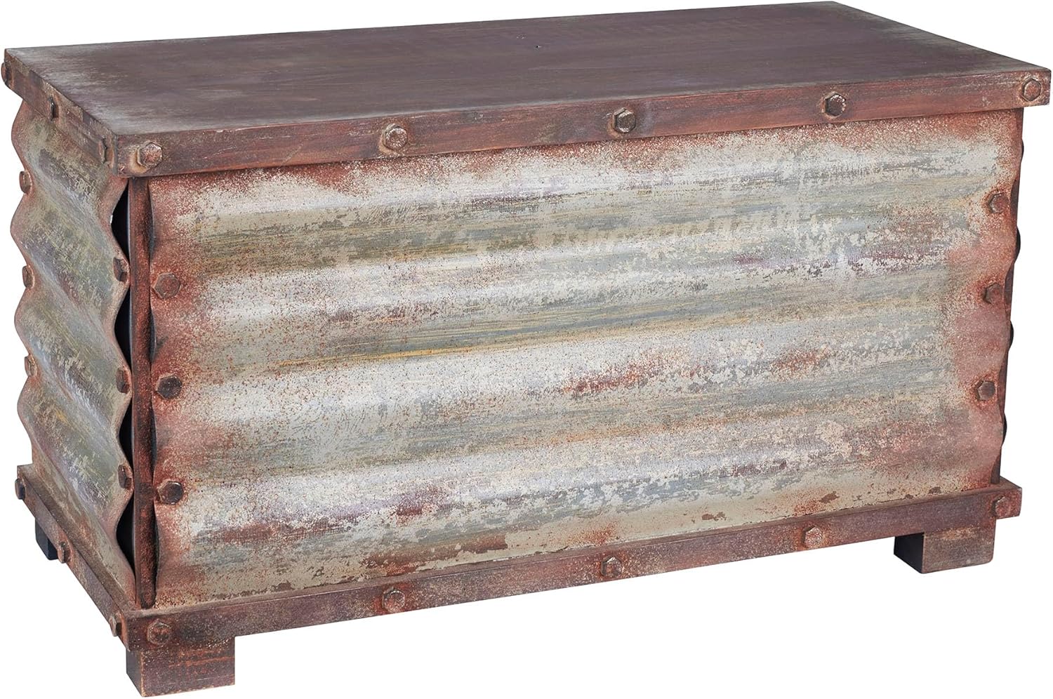 Household Essentials Antiqued Decorative Trunk, Large, Chinese Fir Panel and MDF, Smooth Backing and Metal Hinge Accent, Flat Top and Stay-Open Lid